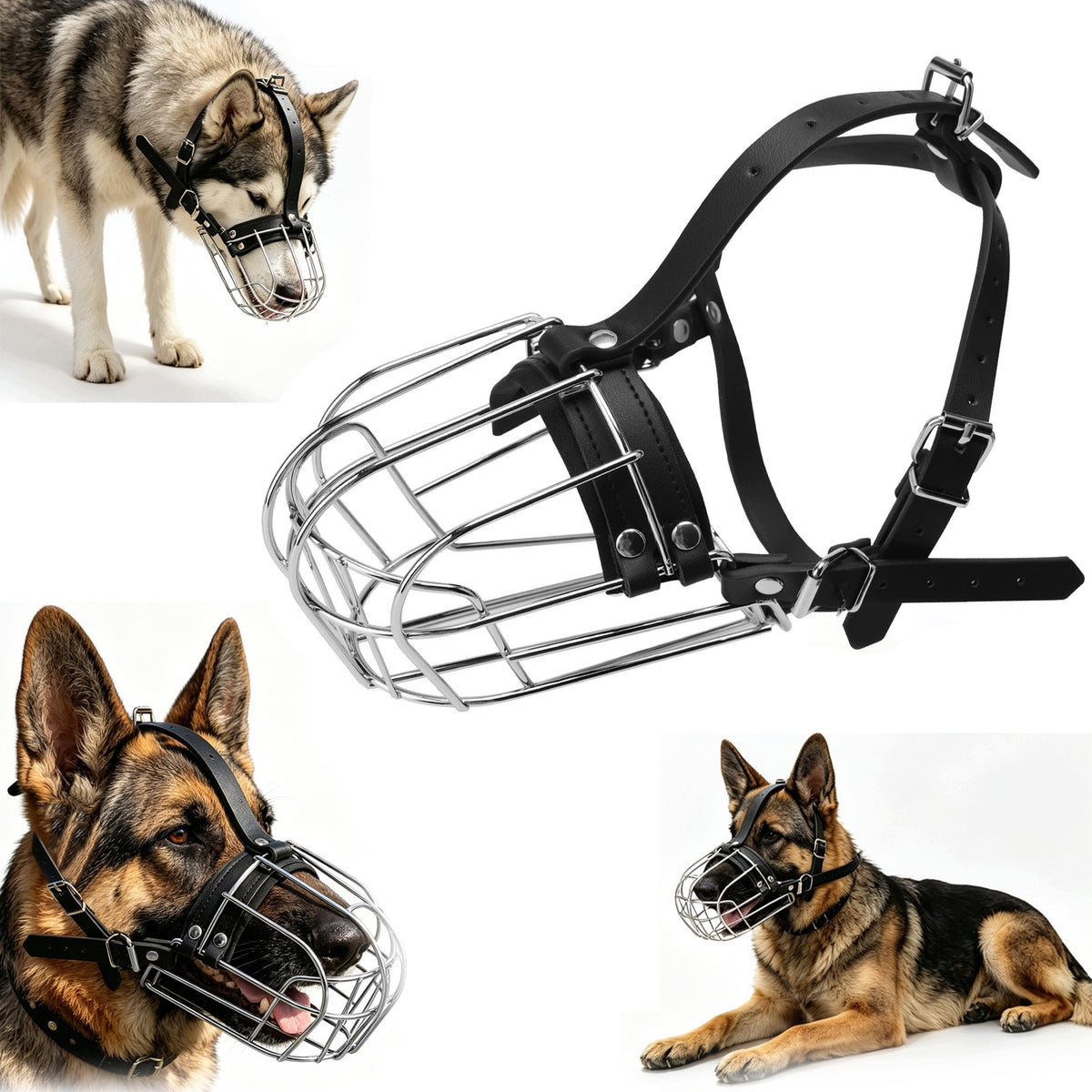 METAL BASKET MUZZLE LARGE ADJUSTABLE WITH LEATHER STRAPS BLACK