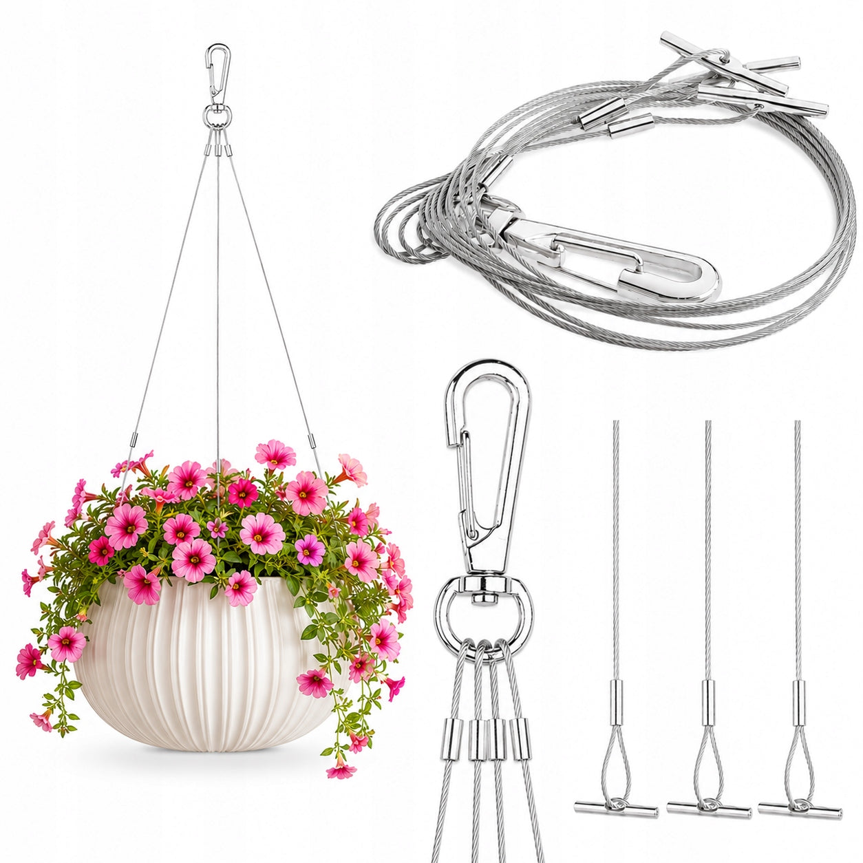 METAL HANGER FOR FLOWERS, FLOWER POT, TRIPLE POTS FOR GARDEN, STEEL CABLES