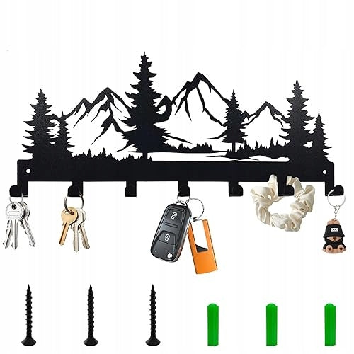 METAL WALL KEY HOLDER 7 HOOKS BLACK GIFT HOUSE STEEL
