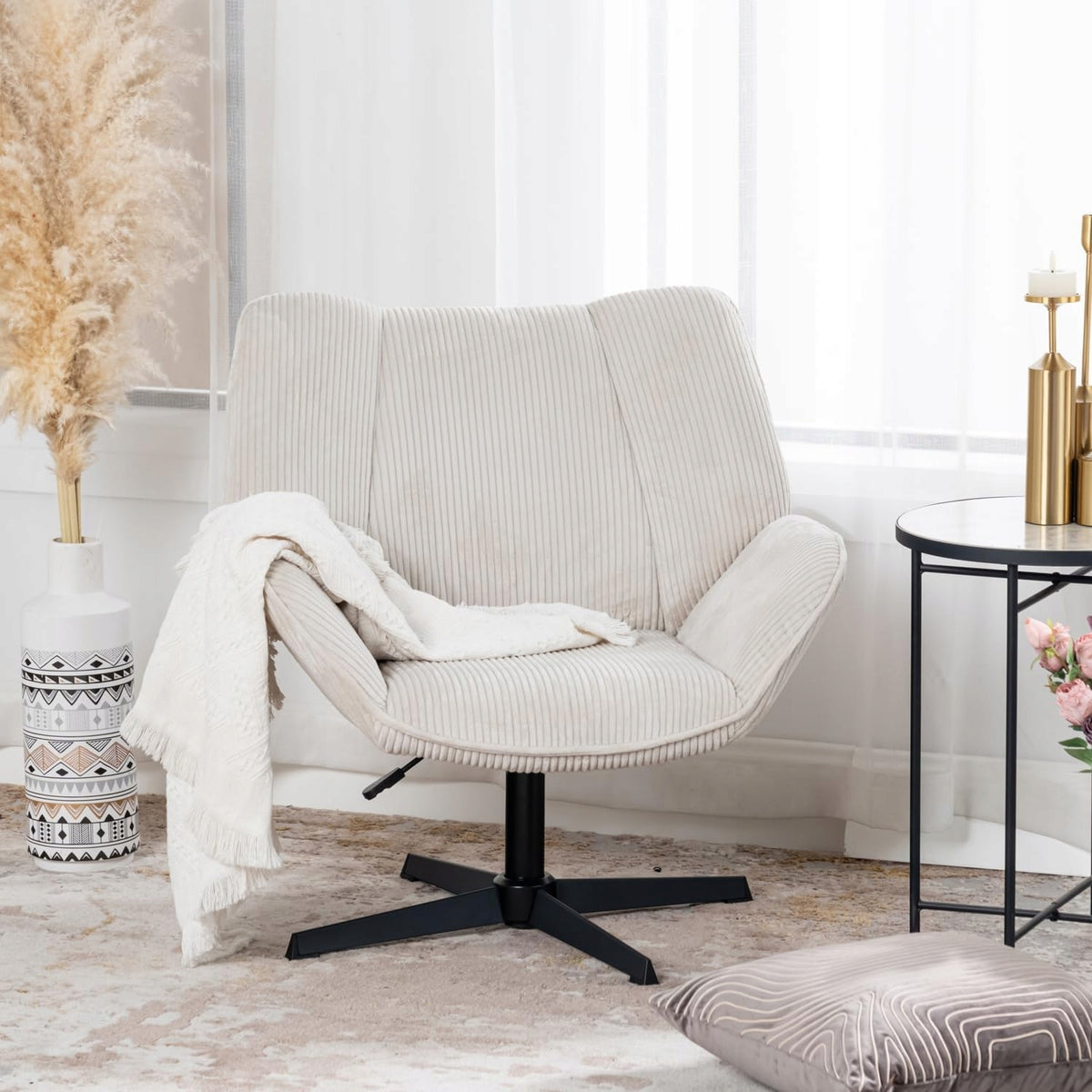 MEUBLE COSY Swivel Armchair Velvet Ribbed Thick Seat Beige Medical device no