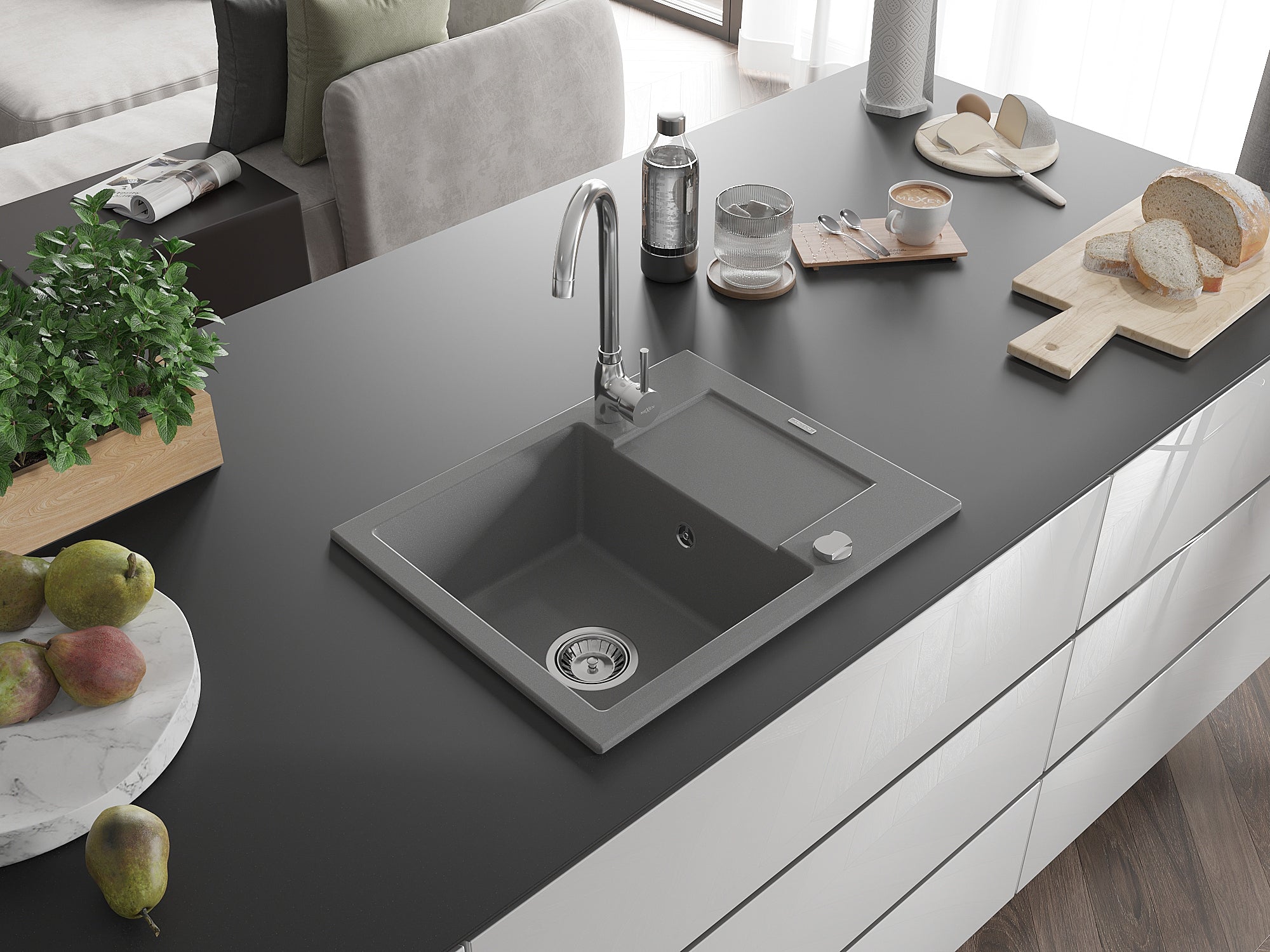 Granit-Küchenspüle Mexen Enzo mit Siphon, Grau 