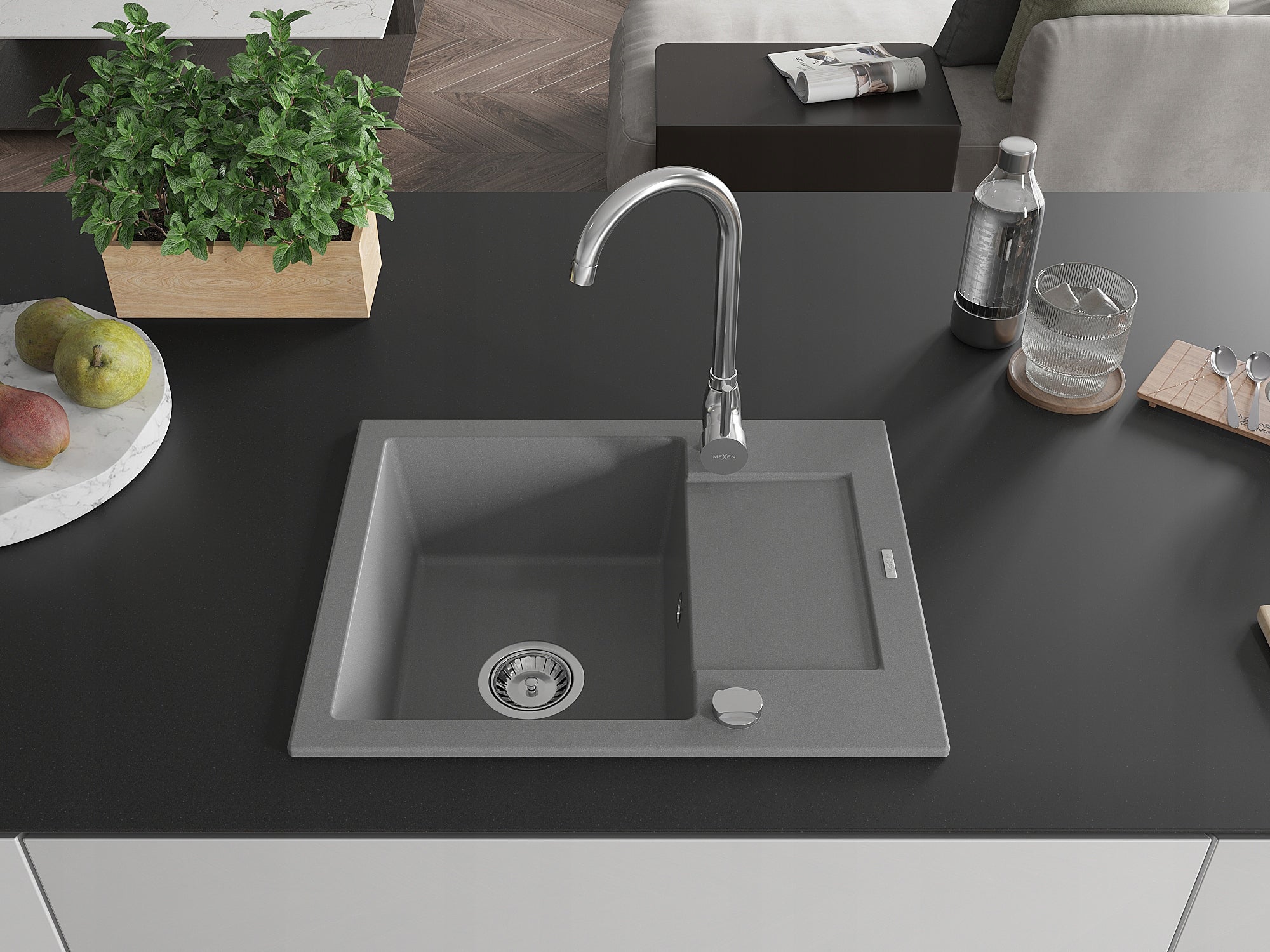 Granit-Küchenspüle Mexen Enzo mit Siphon, Grau 