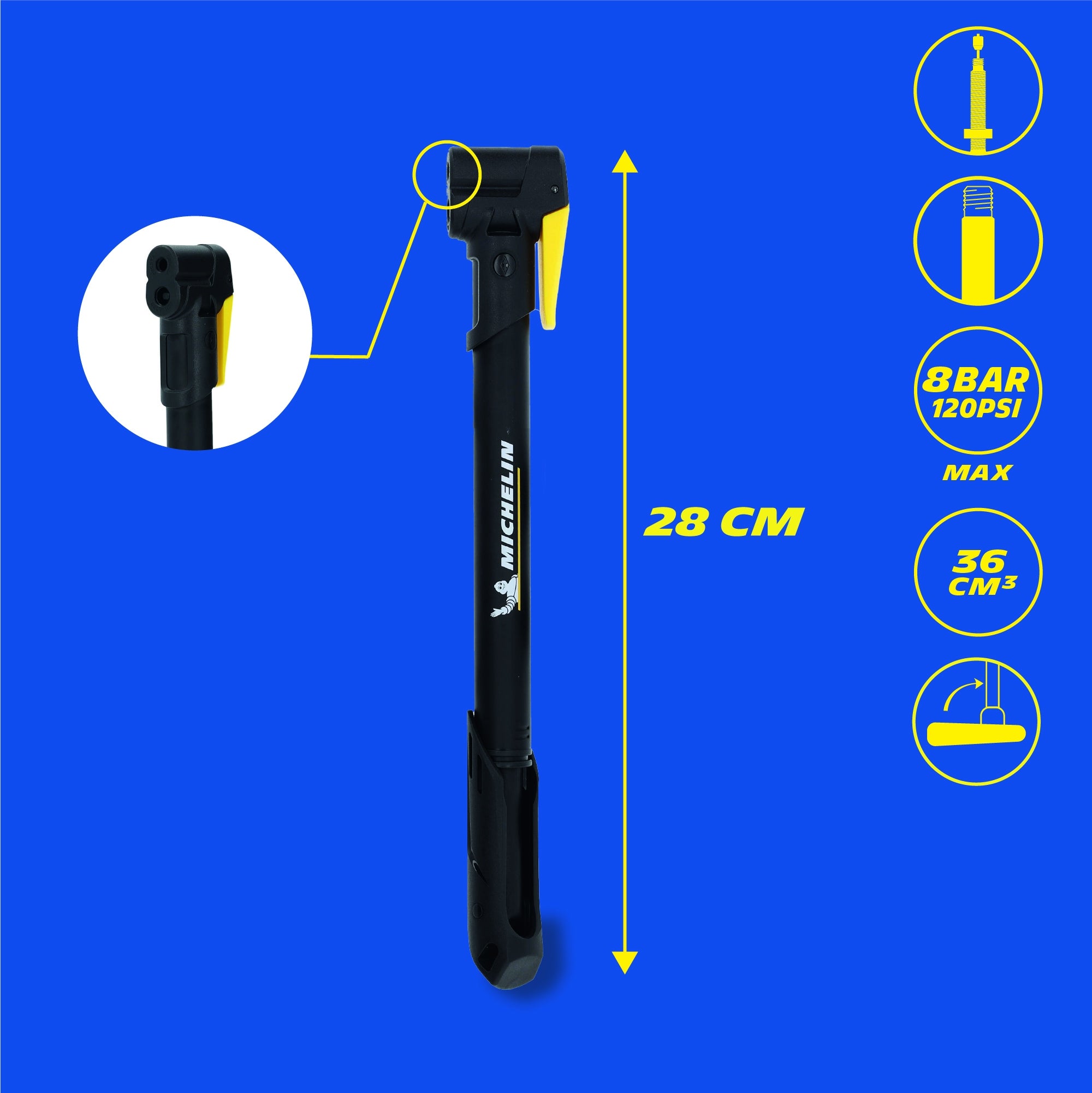 MICHELIN Handheld Bike Pump 8 BAR with Tilt ALUMINUM Lightweight DUAL HEAD Dominant material aluminum