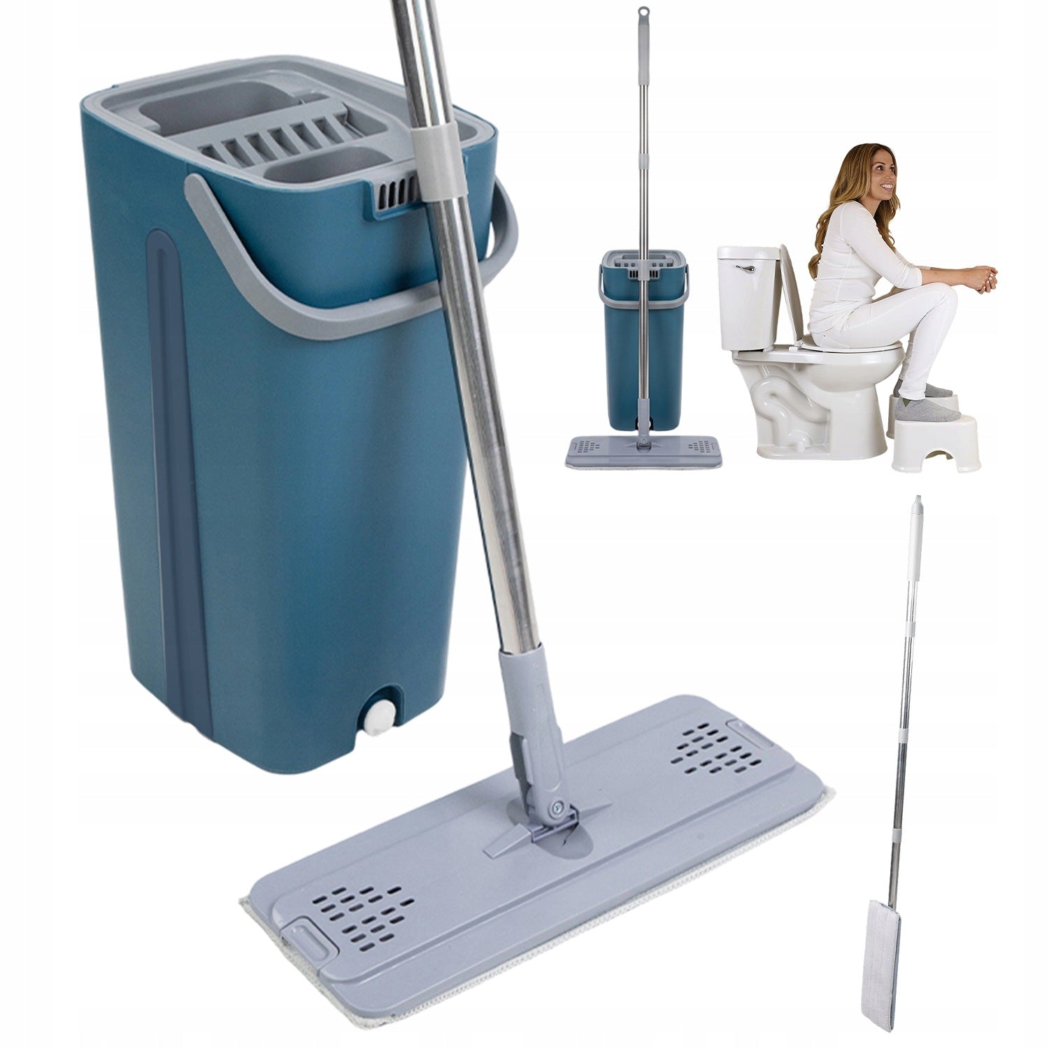 MICROFIBER BLUE FLAT MOP SET AND CLEANING BUCKET