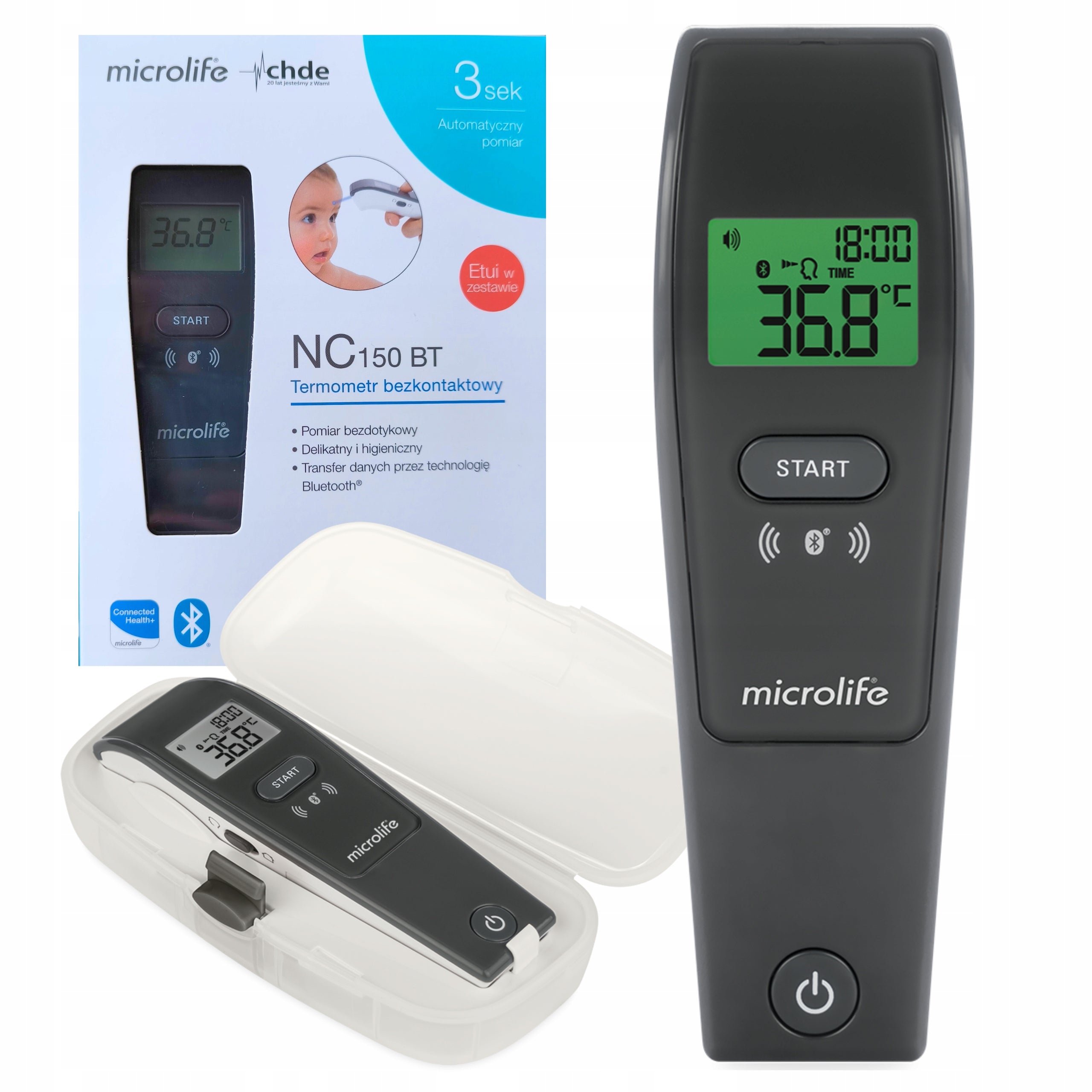 MICROLIFE NC 150 BT NON-CONTACT THERMOMETER +ETUI Packaging status original
