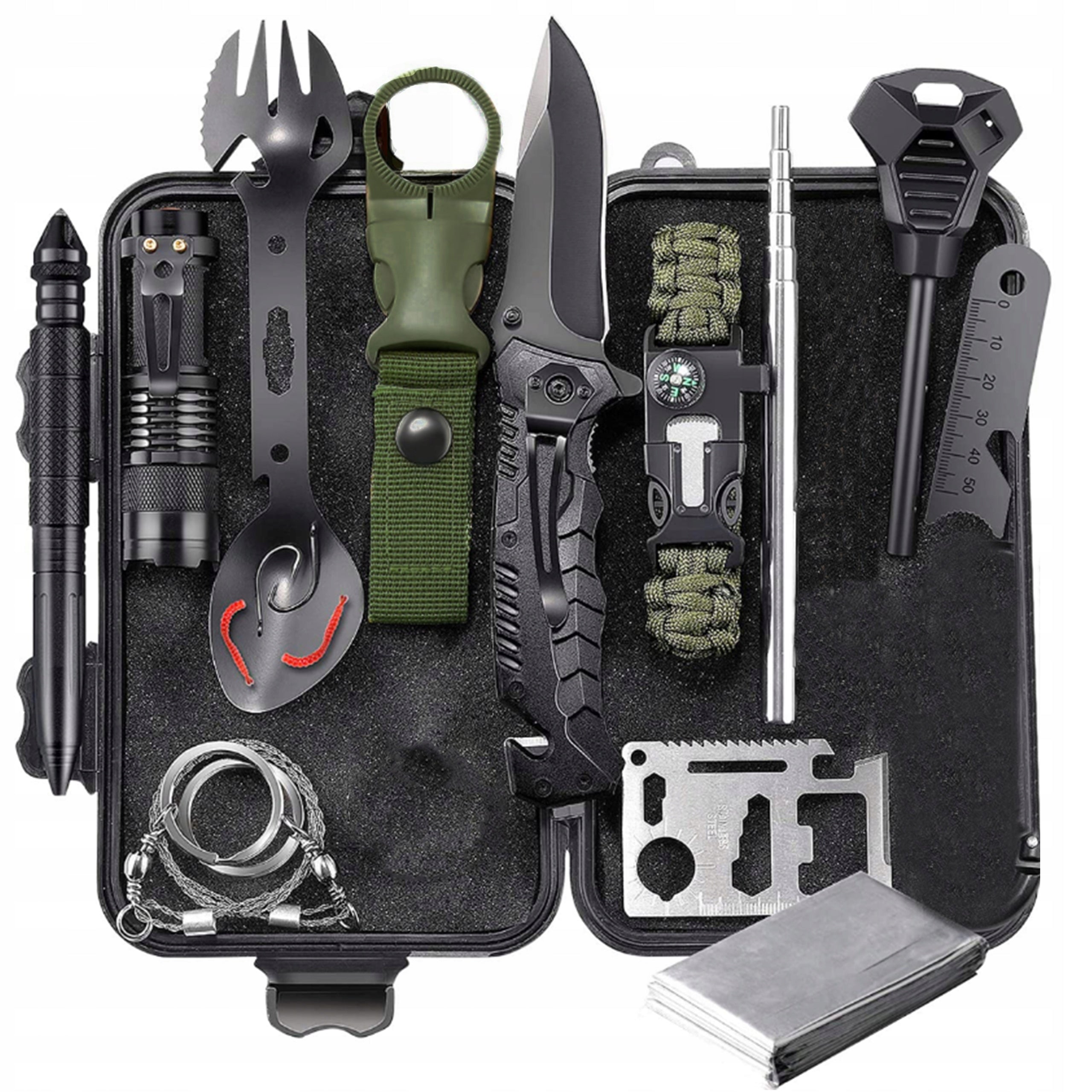 MILITARY SURVIVAL MEGA SURVIVAL KIT 32in1 Knives Pocket Knife Compass Manufacturer code mix24 żyłka haczyki przynęta sznurek
