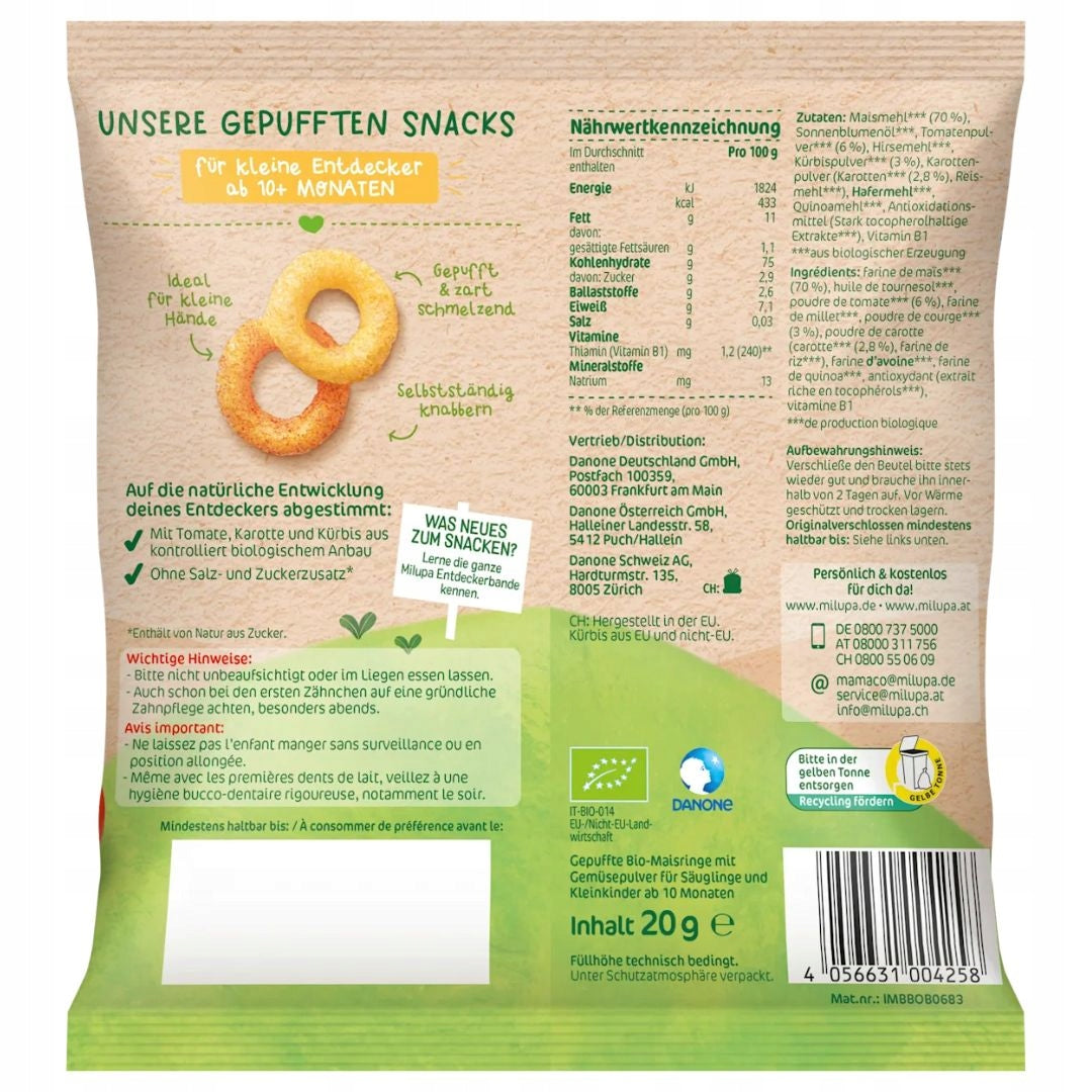 MILUPA BIO CRISPY VEGETABLE RINGS MILLET WITH PUMPKIN TOMATOES Packaging status original