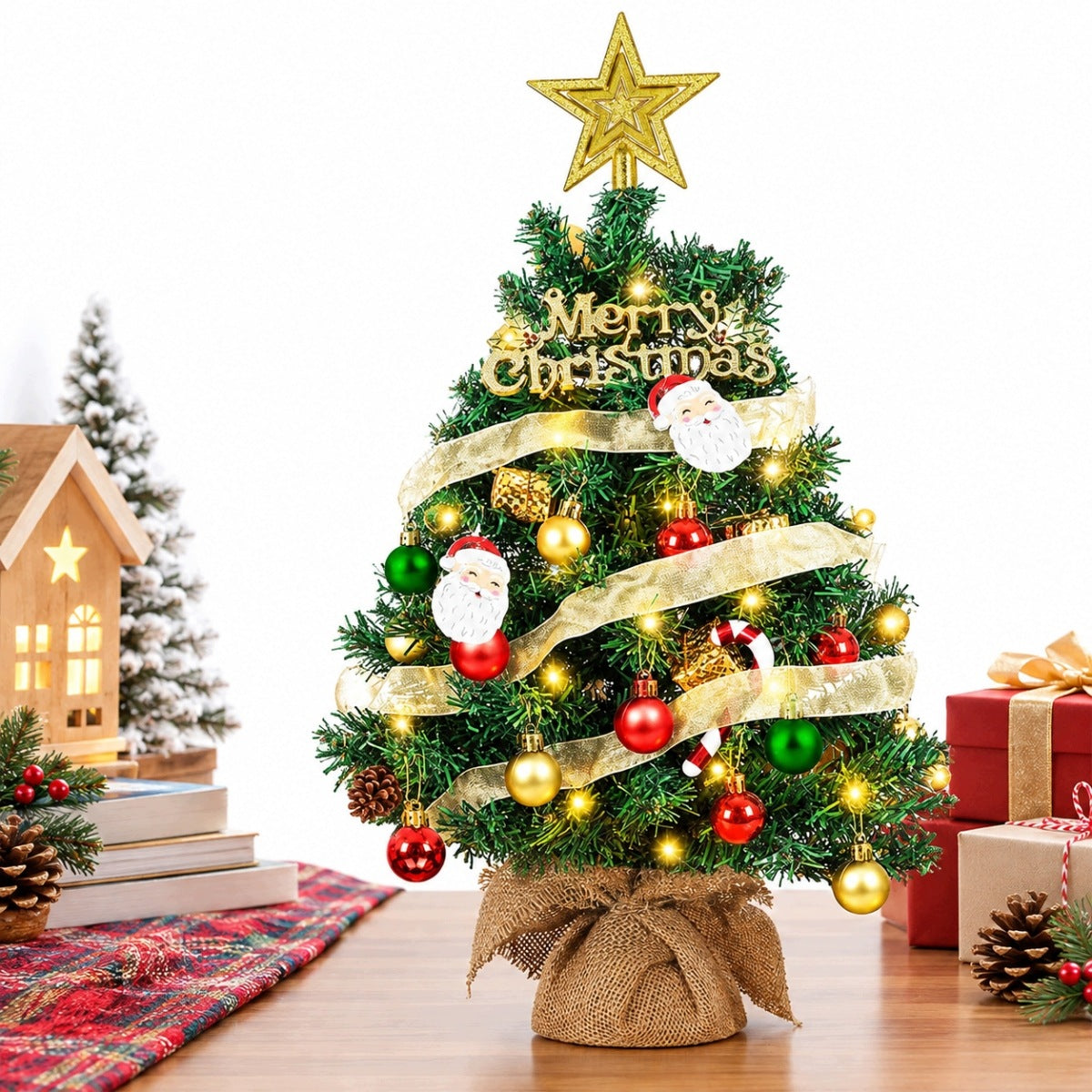 MINI ARTIFICIAL CHRISTMAS TREE DECORATED READY WITH LED LIGHTS 60CM