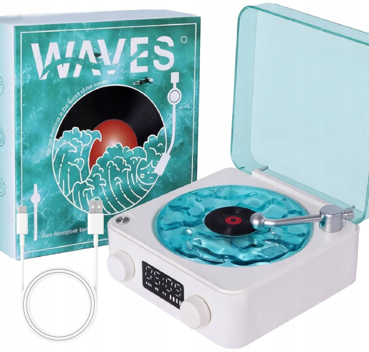 MINI BLUETOOTH TURNTABLE WITH RGB LIGHTING AND 4 NATURE SOUNDS RECHARGEABLE
