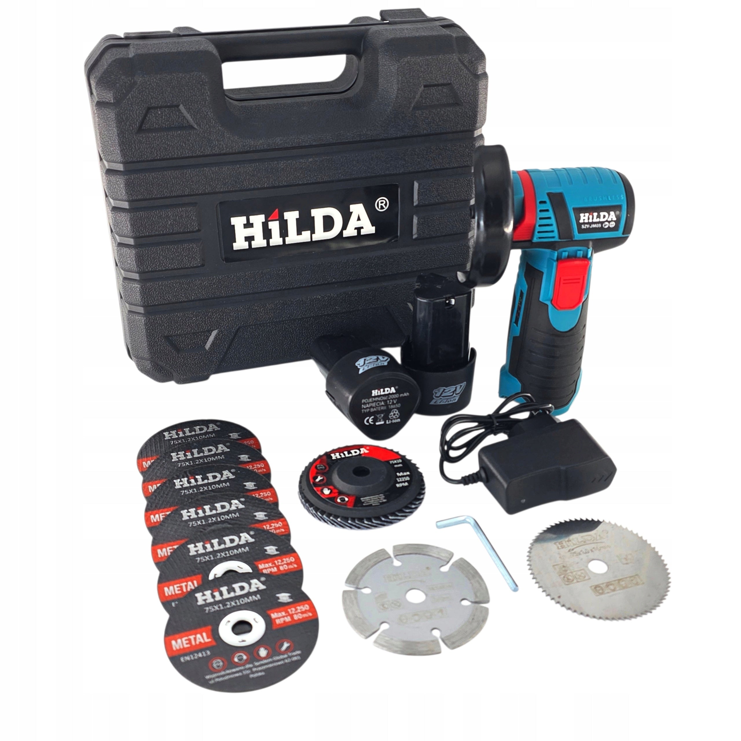 MINI BRUSHLESS ANGLE GRINDER 12V 75 MM 2 x AKU HILDA 9 X DISCS Packaging status original