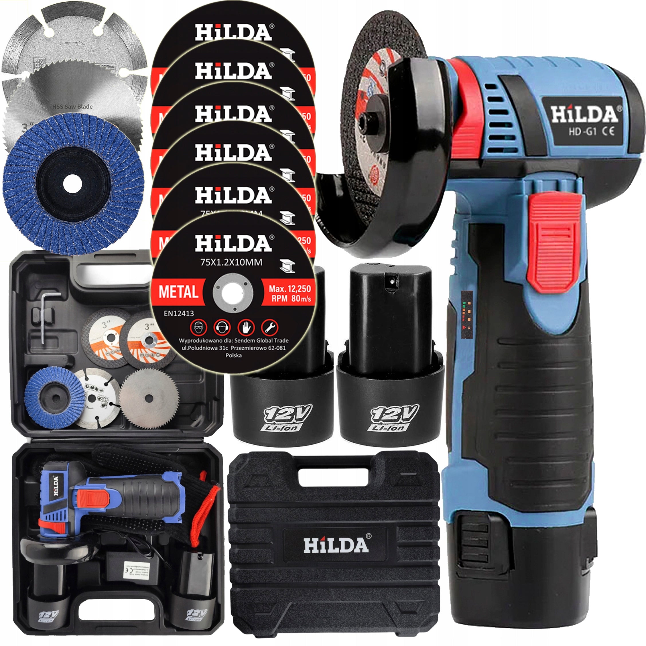 MINI BRUSHLESS ANGLE GRINDER 12V 75 MM 2 x AKU HILDA 9 X DISCS
