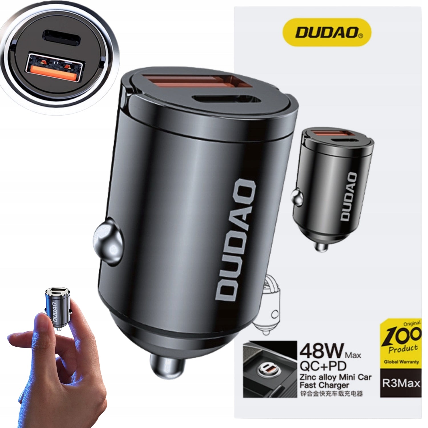 MINI CAR CHARGER FAST CHARGING 48W QC PD BLACK LIGHTER