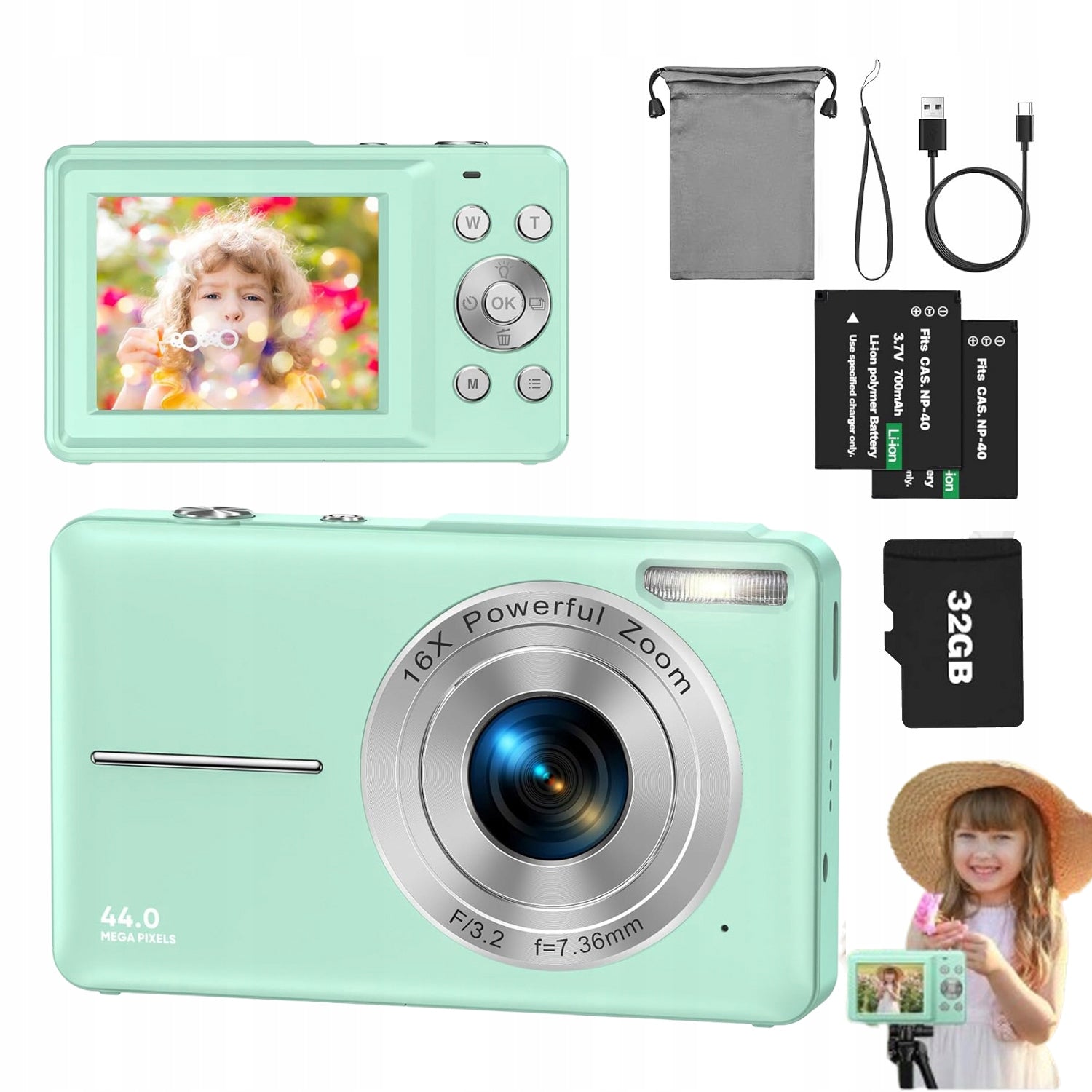 MINI DIGITAL CAMERA FOR KIDS HD PORTABLE 1080P 16X 44MP GREEN
