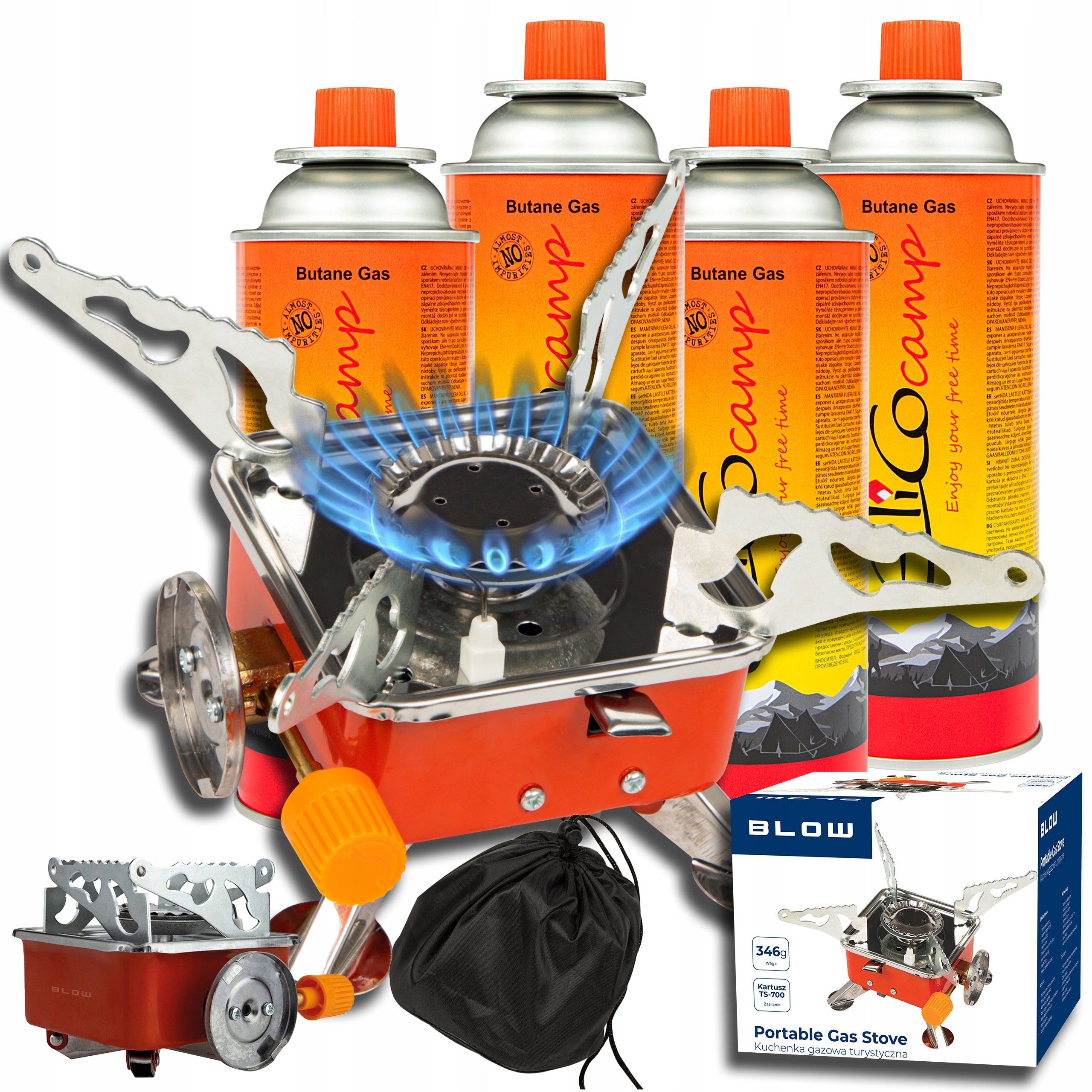 MINI GAS TOURIST STOVE CAMPING PORTABLE FIELD + 4 GAS CARTRIDGES