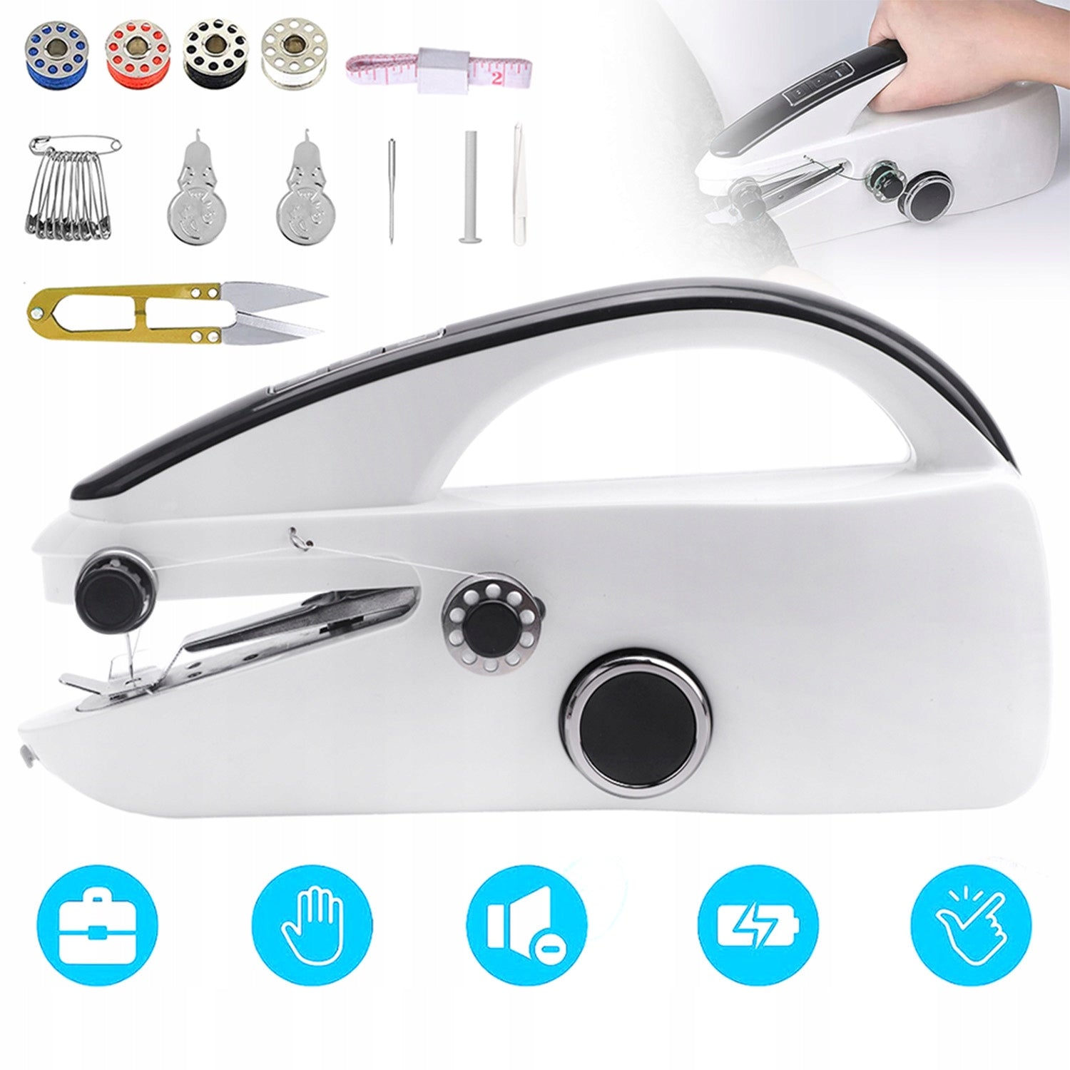 MINI HAND SEWING MACHINE PORTABLE USB BATTERY POWERED +ACCESSORIES Packaging status original