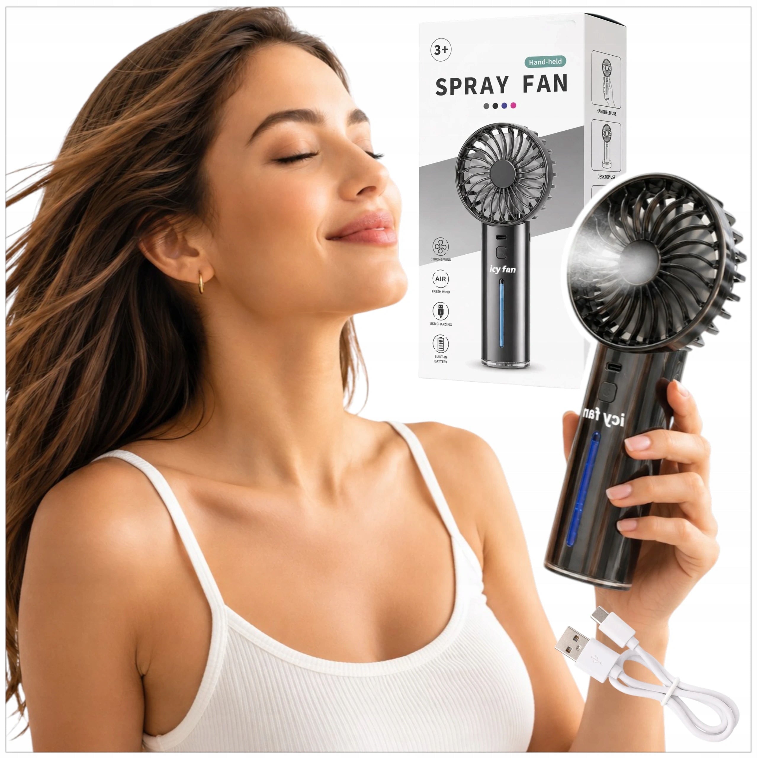 MINI PORTABLE WINDMILL HANDHELD FAN WITH MIST COOLS WATER MIST Packaging status original