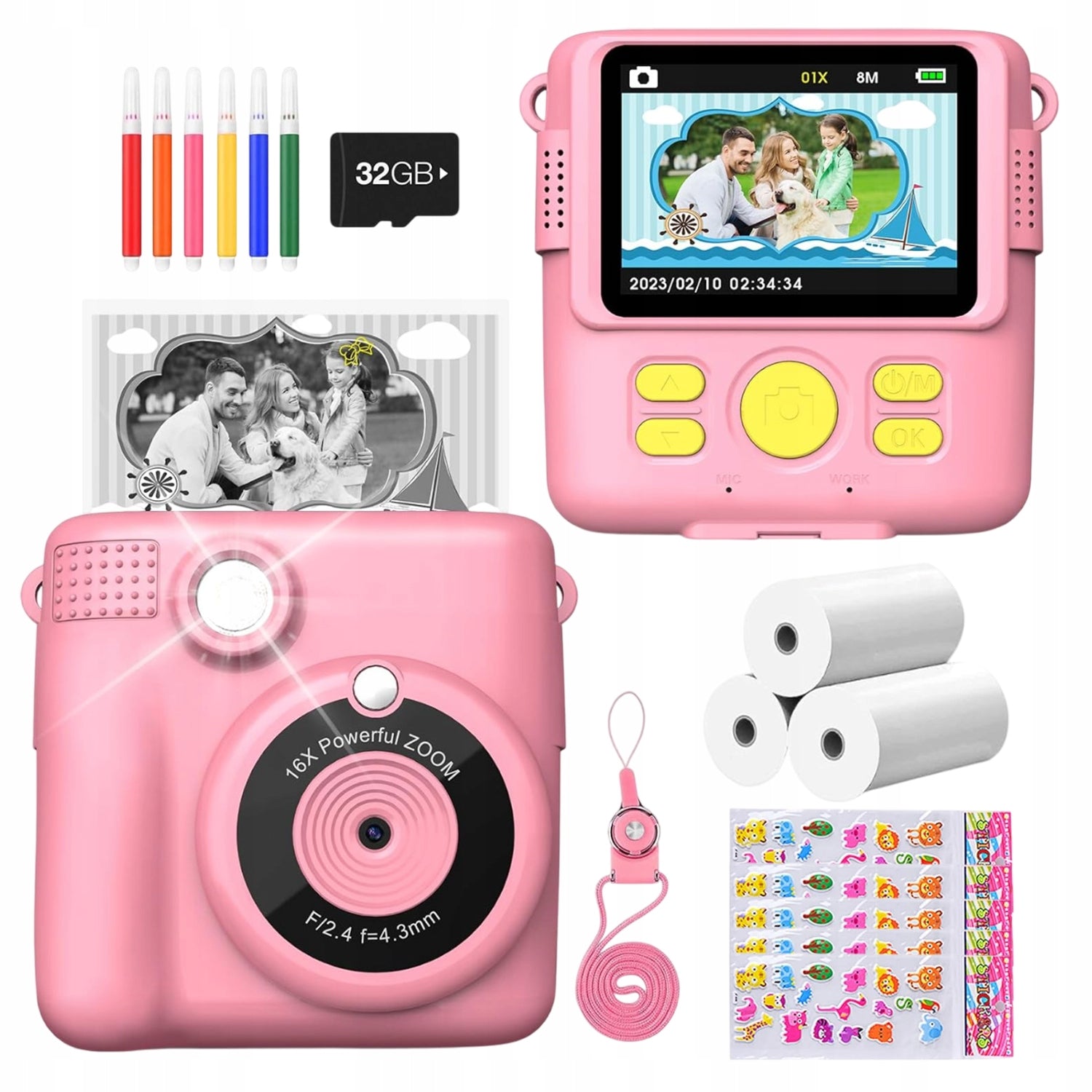 MINI PRINTER CAMERA FOR KIDS WITH CAMERA 32GB MEMORY SCREEN IPS 16X