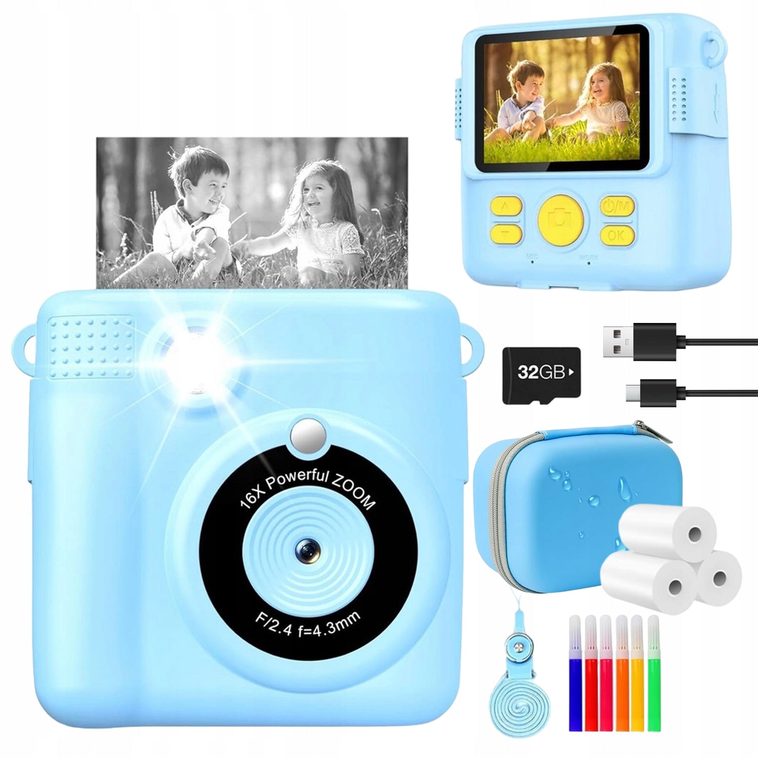 MINI PRINTER INSTANT THERMAL CAMERA BLUE WITH 3 ROLLS