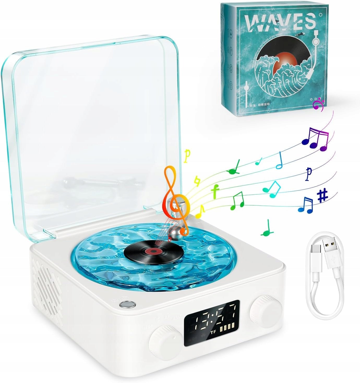 MINI RETRO SPEAKER, TURNTABLE, BLUETOOTH, WHITE NOISE, VINTAGE, LIGHT,WHITE