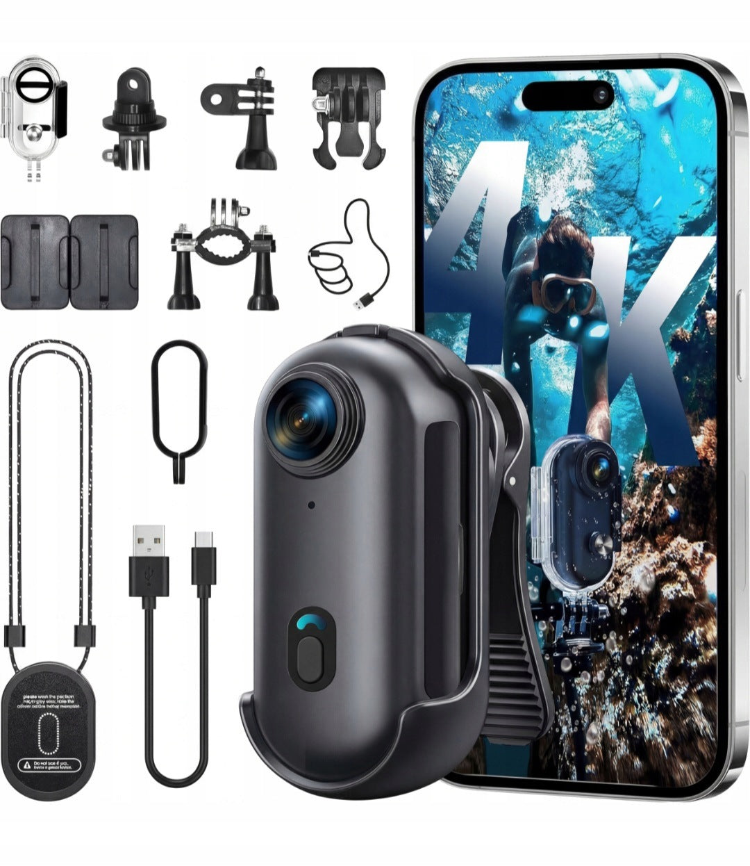 MINI SPORTS CAMERA WiFi 4K WATERPROOF MAGNETIC ACCESSORIES 140° BLACK