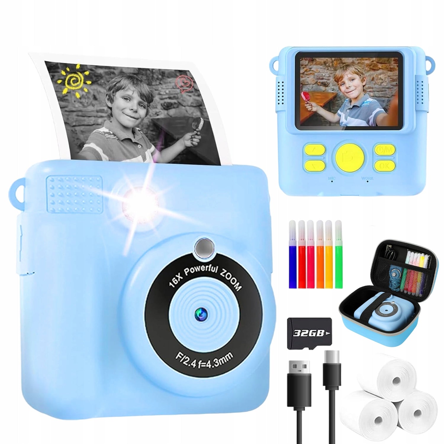 MINI THERMAL PRINTER INSTANT CAMERA +3 ROLLS + 32GB CARD+ CASE