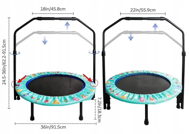 MINI TRAMPOLINE FOR CHILDREN FOLDING ADJUSTABLE HANDLE SAFE GREEN Brand no brand