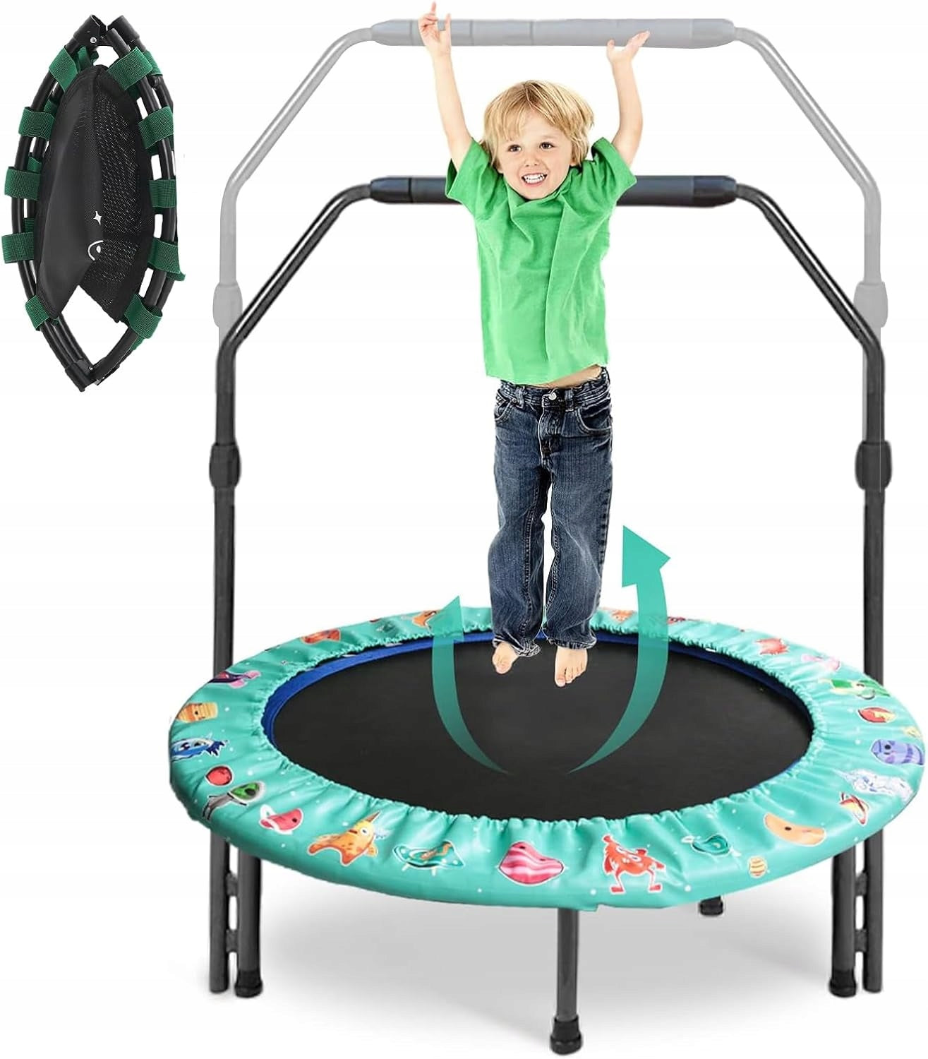 MINI TRAMPOLINE FOR CHILDREN FOLDING ADJUSTABLE HANDLE SAFE GREEN