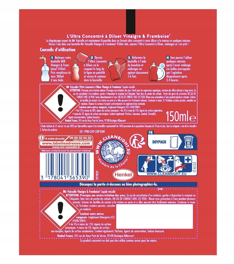 MIR DISHWASHING LIQUID CONCENTRATE 150ML FOR DILUTION RASPBERRY VINEGAR DEGREASER Packaging status original