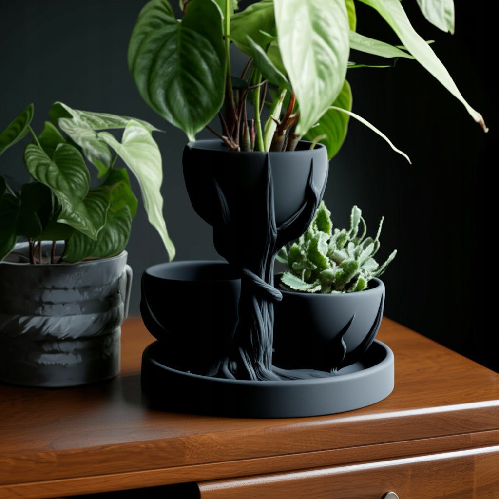 MODERN BLACK FLOWER POT THREE LEVELS DECORATIVE STAND Brand Pro Parts