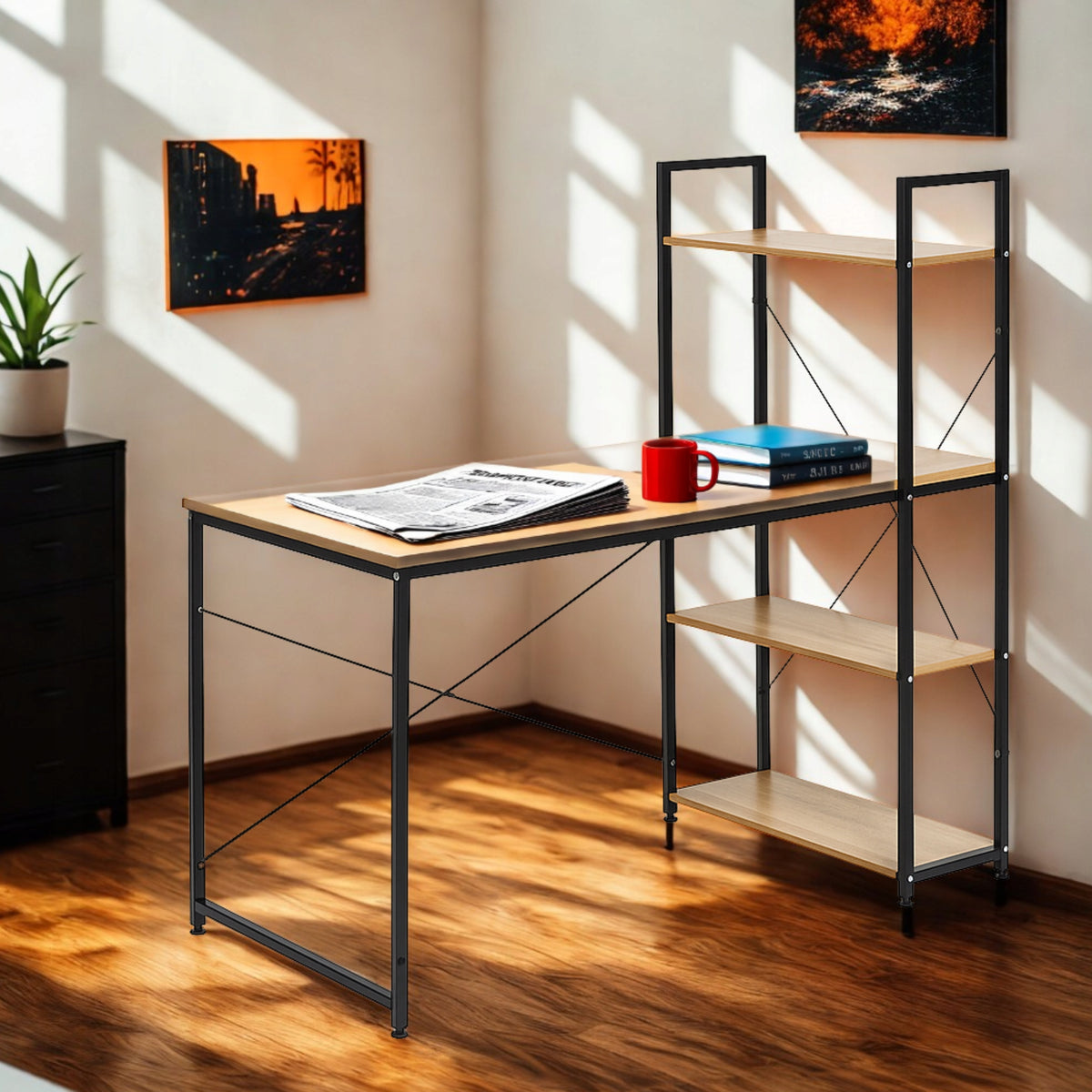 MODERN COMPUTER DESK LOFT SCHOOL BOOKCASE SHELVES GAMING 120x60 BRIGHT Manufacturer code BIURKO LOFT Z PÓŁKAMI NOWOCZESNE METALOWE