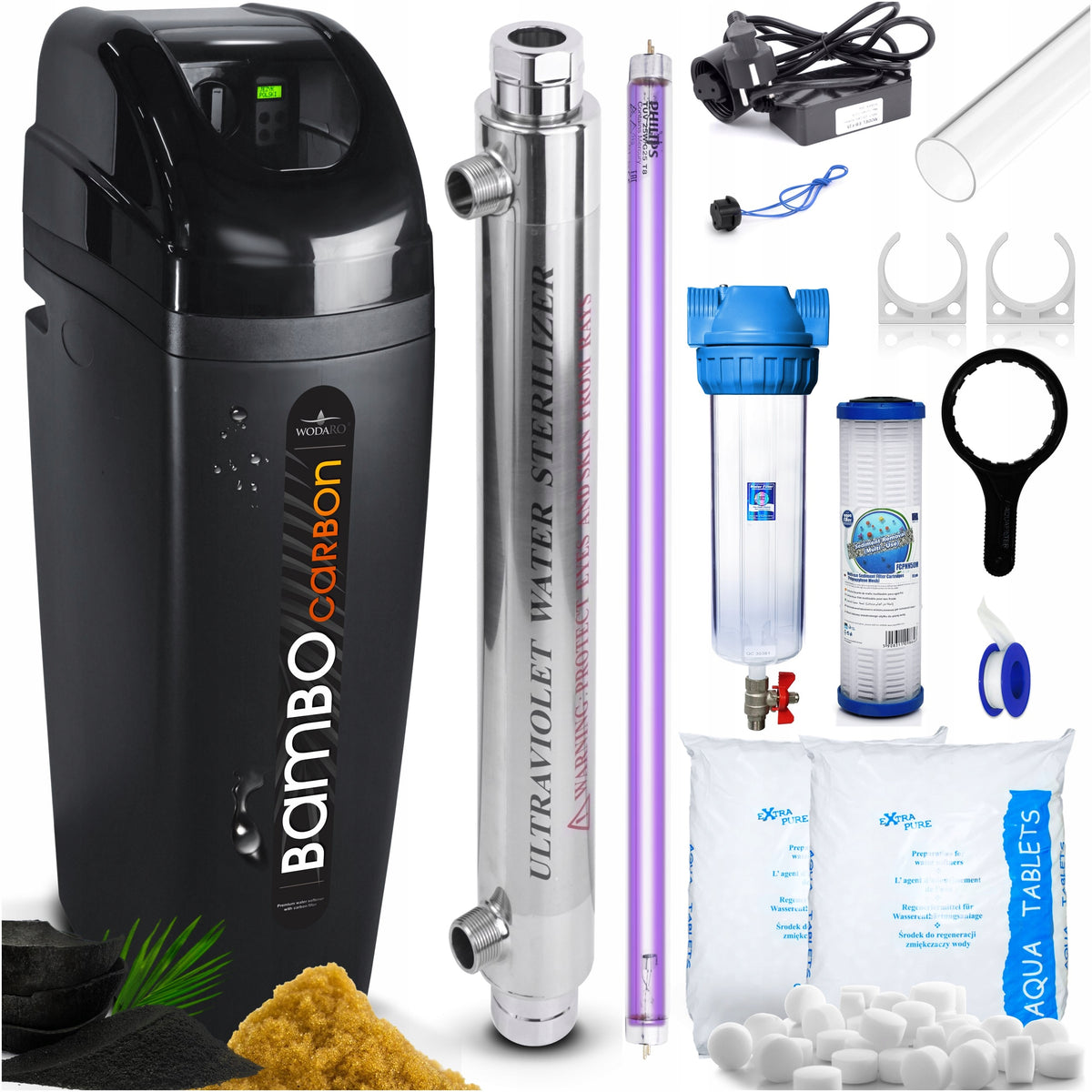 MODERN ECONOMICAL WATER SOFTENER WODARO BAMBO CARBORN WITH UV LAMP 30 W