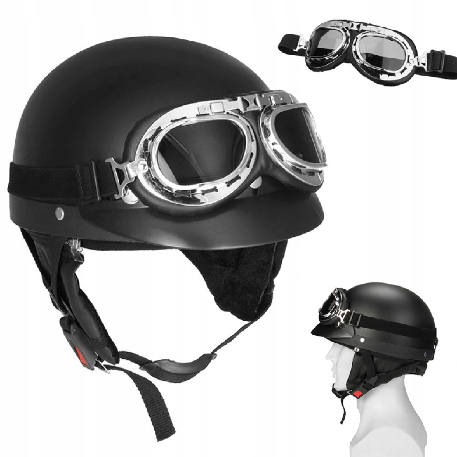 MODERN MOTORCYCLE HELMET RETRO HELMET + GOGGLES SET SOFT AND COMFORTABLE Size S
