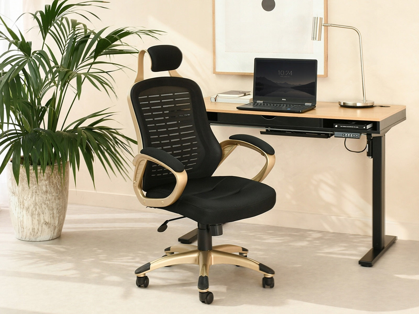 MODERN OFFICE CHAIR MADE OF MESH FABRIC RIND BLACK AND GOLD WITH FUNCTIONS Brand Mebel-Partner