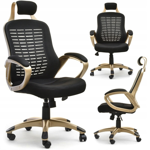 MODERN OFFICE CHAIR MADE OF MESH FABRIC RIND BLACK AND GOLD WITH FUNCTIONS