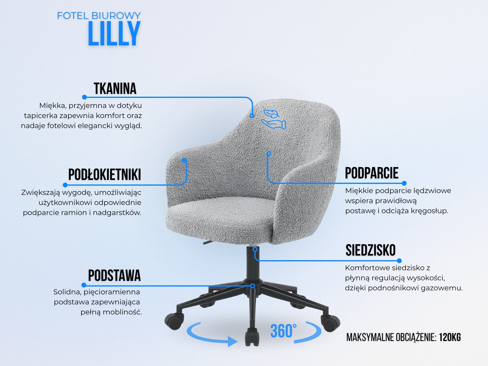 MODERN SWIVEL OFFICE CHAIR WITH HEIGHT ADJUSTMENT GREY LILLY BLACK Packaging status original
