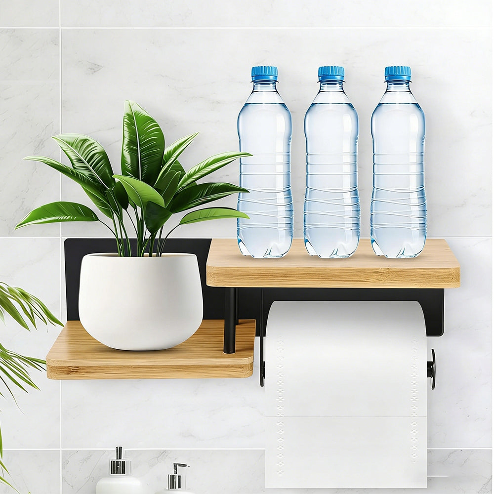 MODERN TOILET PAPER HOLDER WITH SHELF, INSTALLATION WITHOUT DRILLING Packaging status original