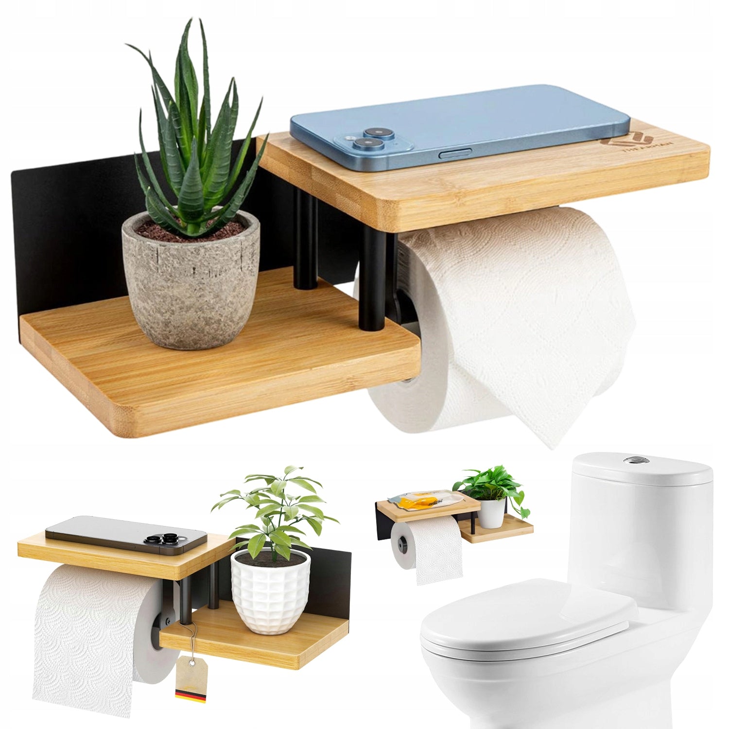 MODERN TOILET PAPER HOLDER WITH SHELF, INSTALLATION WITHOUT DRILLING