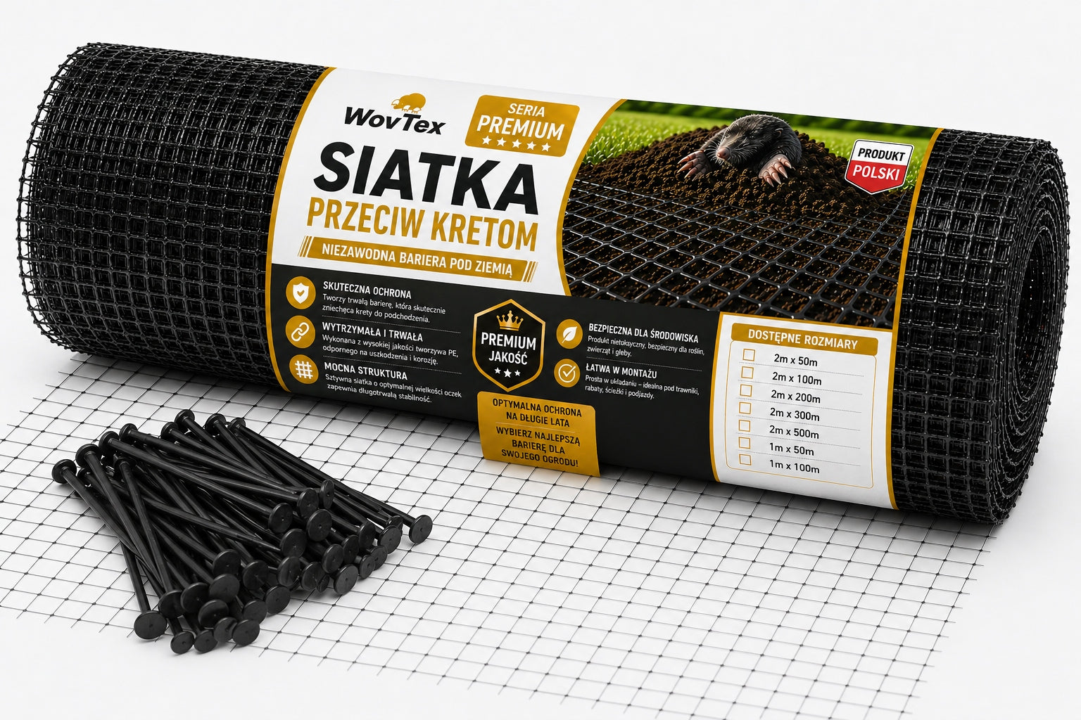 MOLE NET 2x100m AGAINST MOLES PREMIUM 40g UNDER LAWN Poland + PEGS