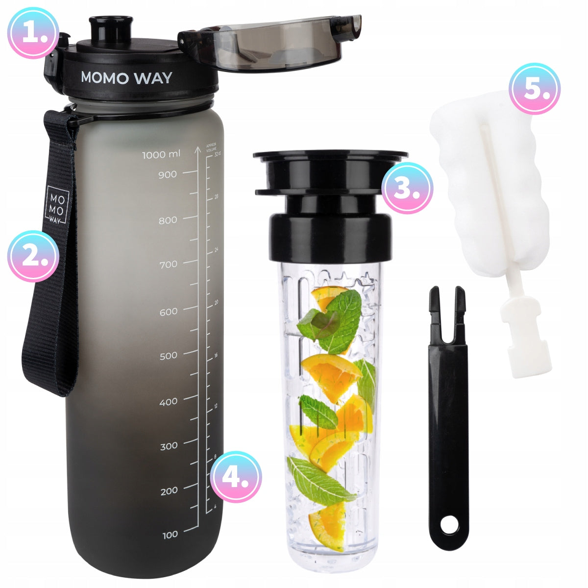 MOMO WAY water bottle black 1L water bottle with fruit refill bpa free Packaging status original