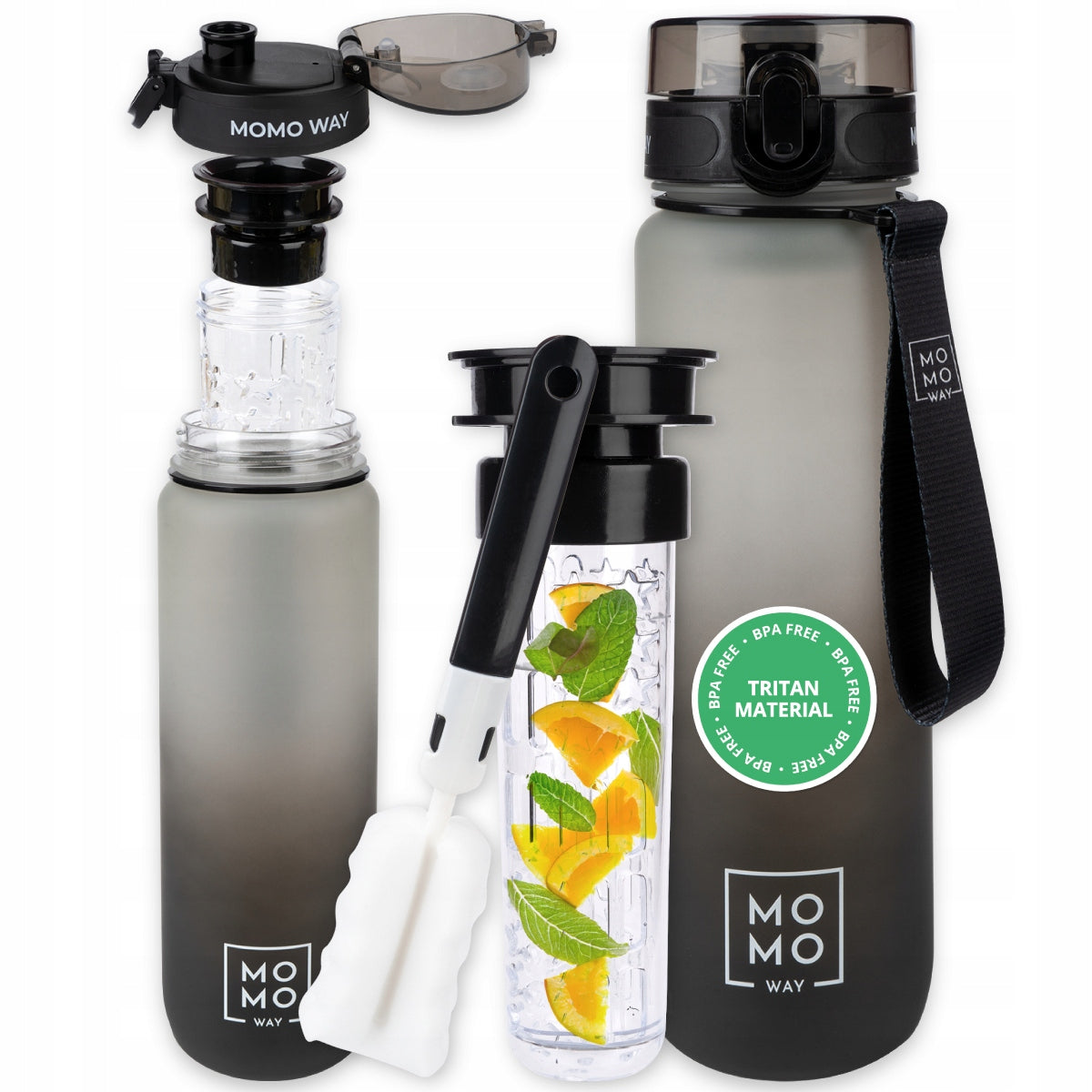 MOMO WAY water bottle black 1L water bottle with fruit refill bpa free