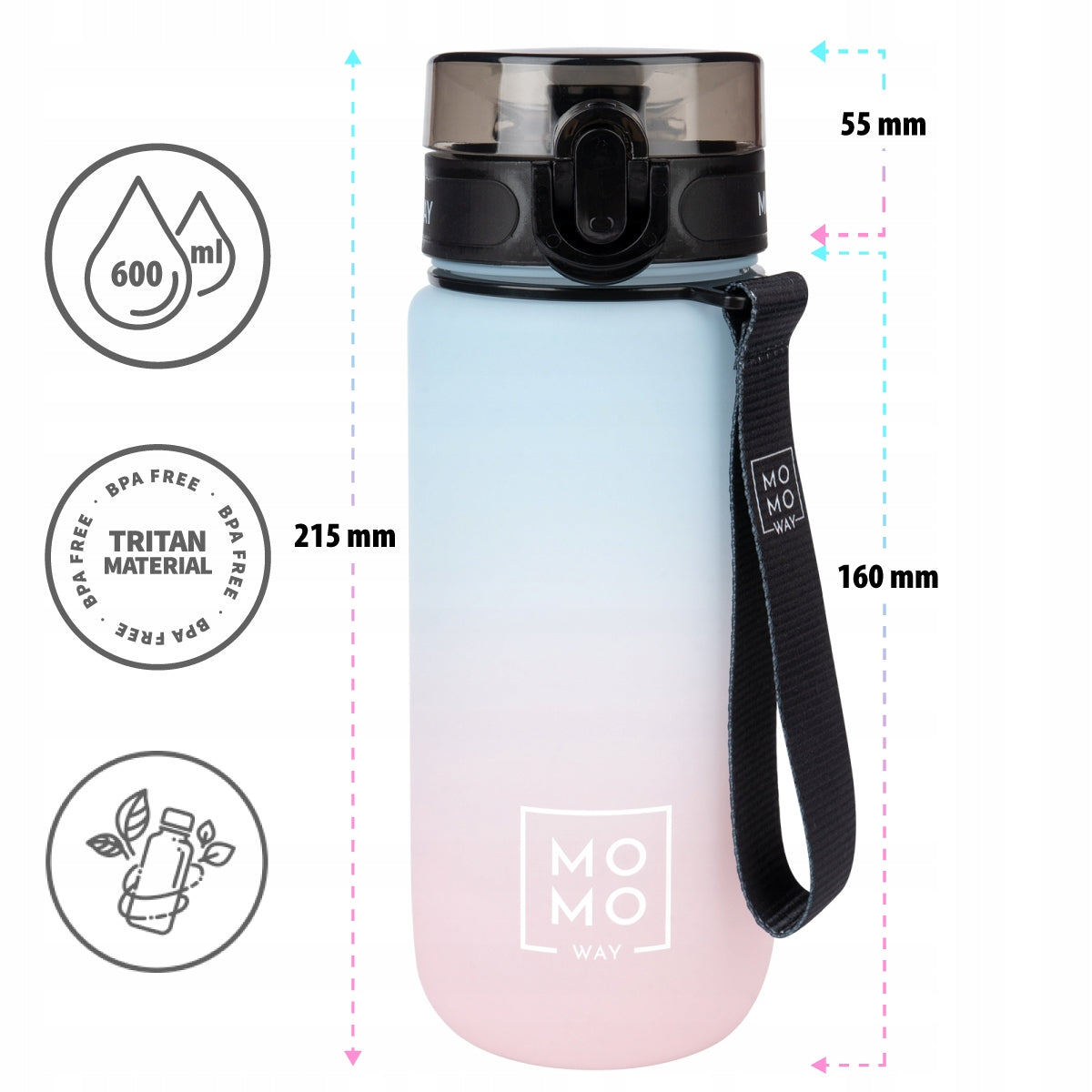 MOMO WAY water bottle blue-pink 600ml large water bottle with mouthpiece Brand Soxo