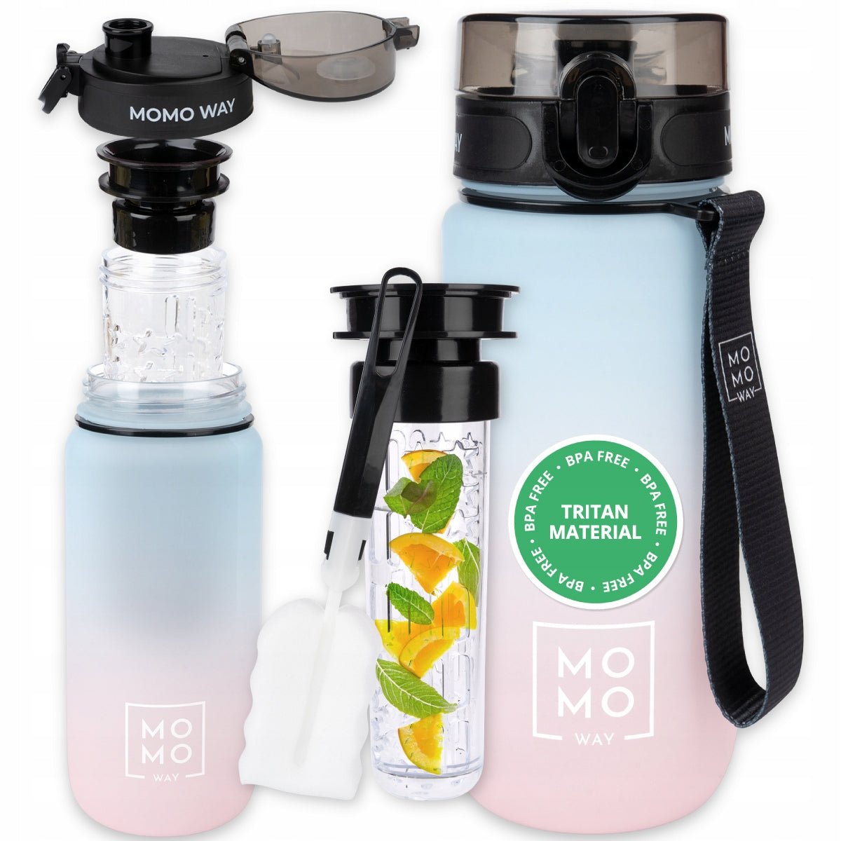 MOMO WAY water bottle blue-pink 600ml large water bottle with mouthpiece