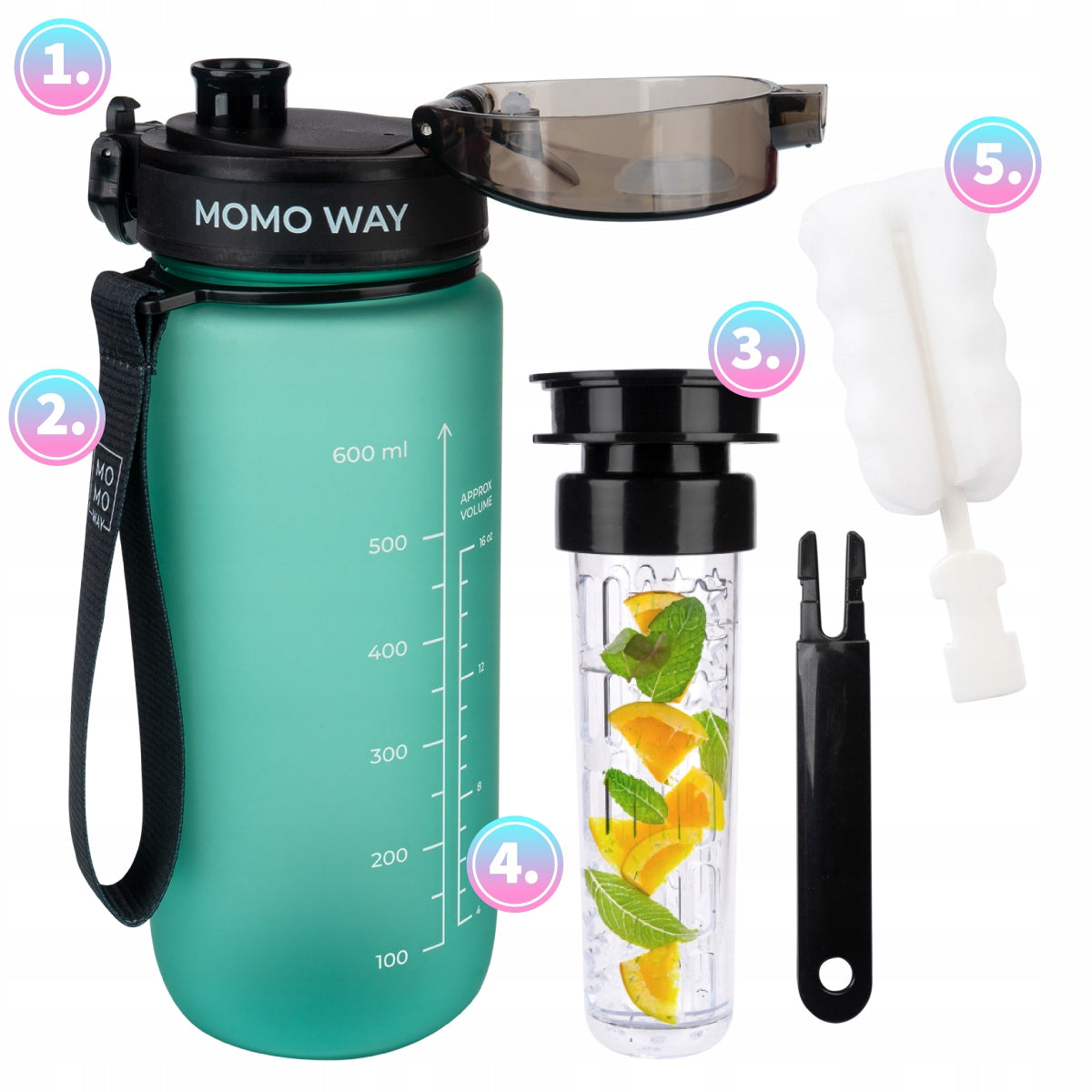 MOMO WAY water bottle dark green 600ml water bottle with mouthpiece and measuring cup Packaging status original