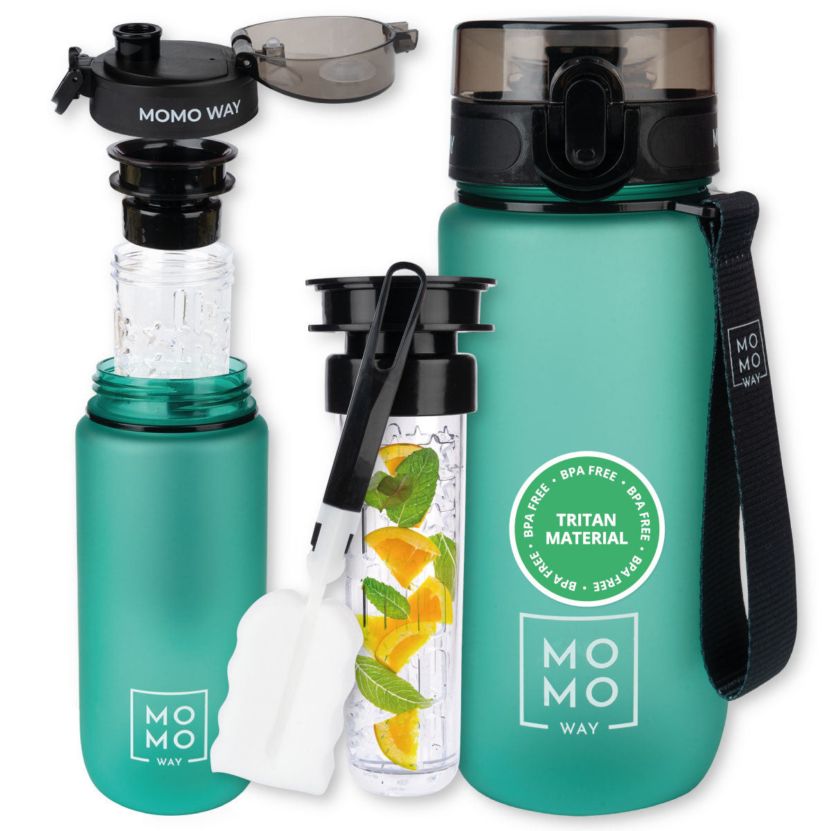 MOMO WAY water bottle dark green 600ml water bottle with mouthpiece and measuring cup