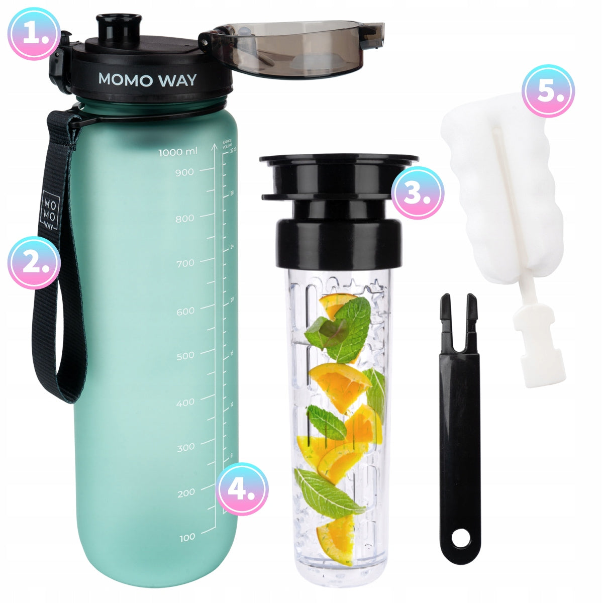 MOMO WAY water bottle green 600ml with fruit refill sports water bottle Manufacturer code 98877