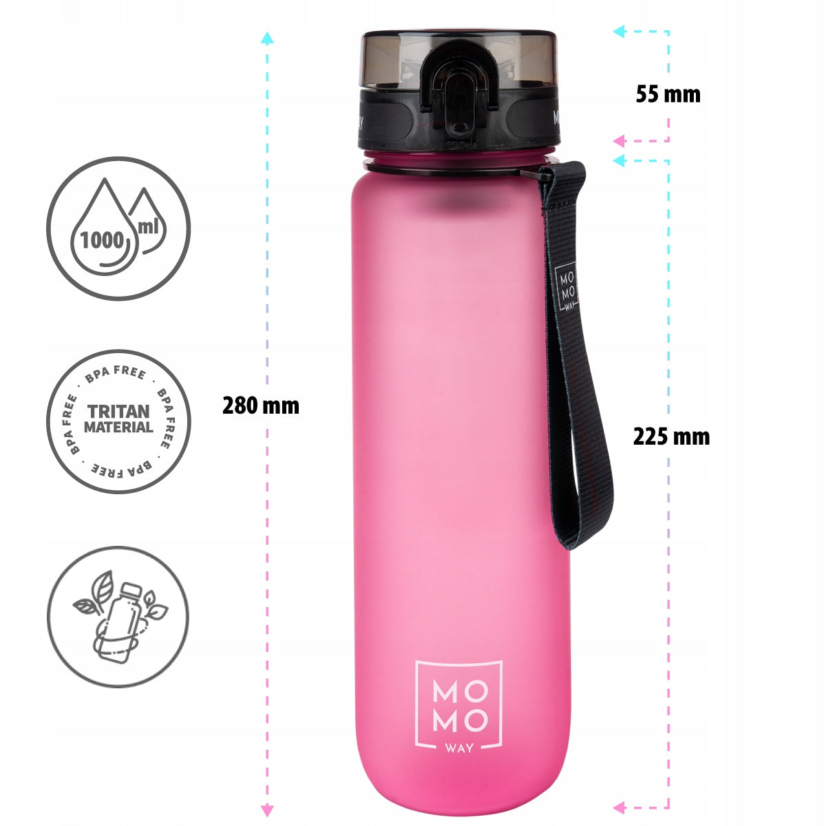 MOMO WAY water bottle pink 1L water bottle with measuring cup and fruit refill Brand Soxo
