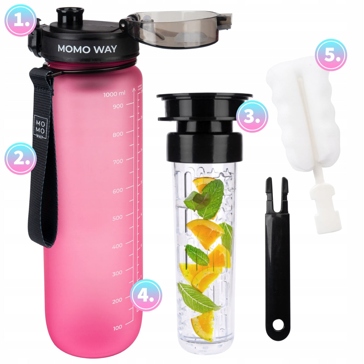 MOMO WAY water bottle pink 1L water bottle with measuring cup and fruit refill Manufacturer code 98792