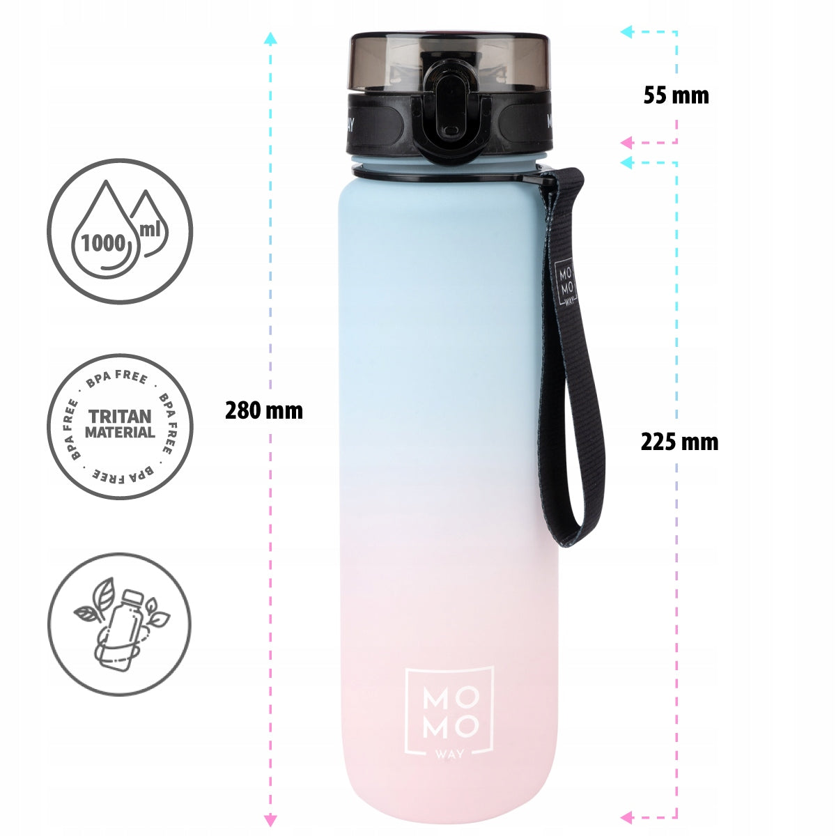 MOMO WAY water bottle pink-blue 1L large water bottle with tritan mouthpiece Manufacturer code 98778