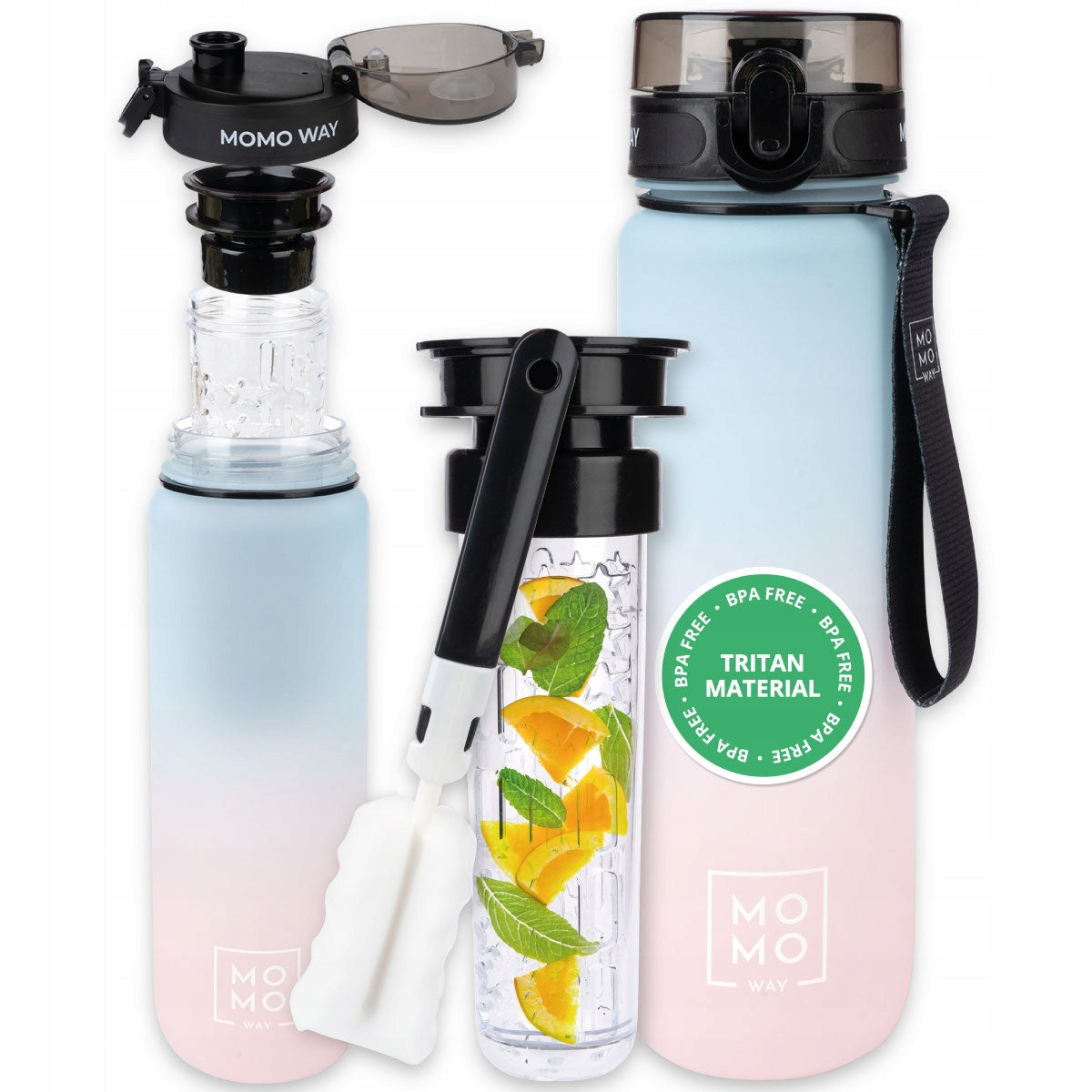 MOMO WAY water bottle pink-blue 1L large water bottle with tritan mouthpiece