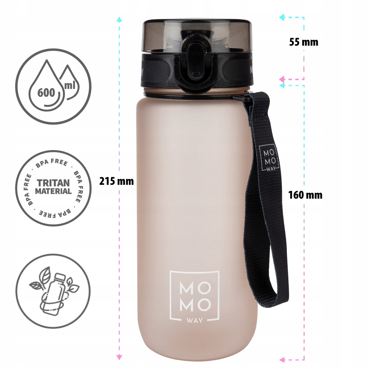 MOMO WAY water bottle powder pink 600ml tritan with measuring cup and mouthpiece Manufacturer code 98761